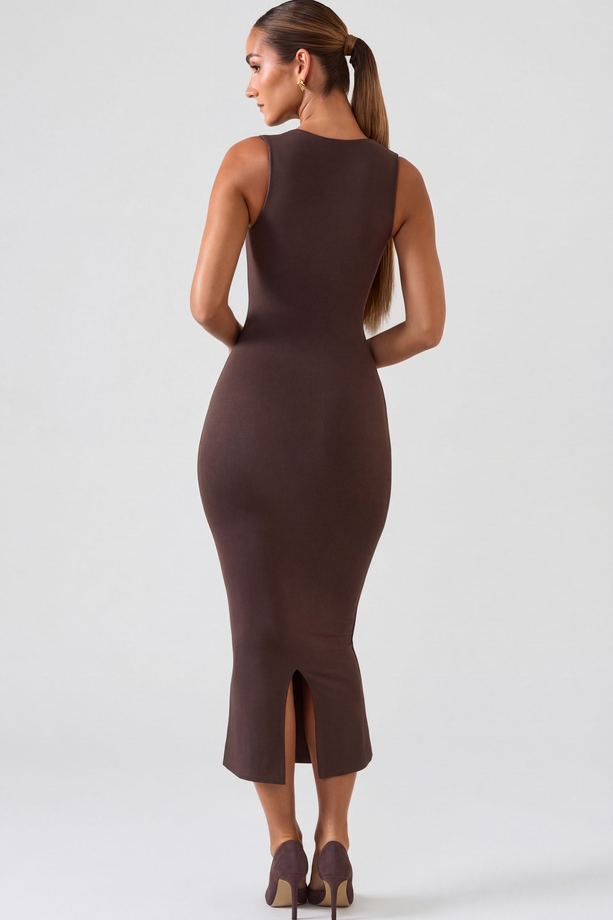 Essie Sheer Panelled Long Sleeve Mini Dress in Brown