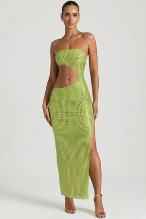 Oh Polly's Priscilla wearing the Alamea Maxi Dress in Pear Green Square Hotfix fabric perfect for summer garden parties