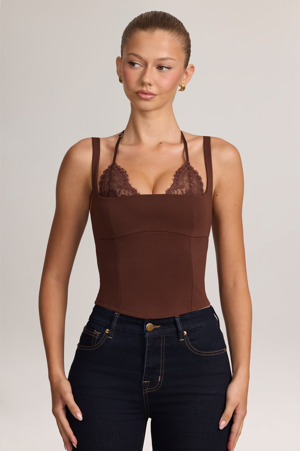 ⁣⁢Ponte Peekabo Spitzen-Tanktop in Cocoa Brown⁤⁣