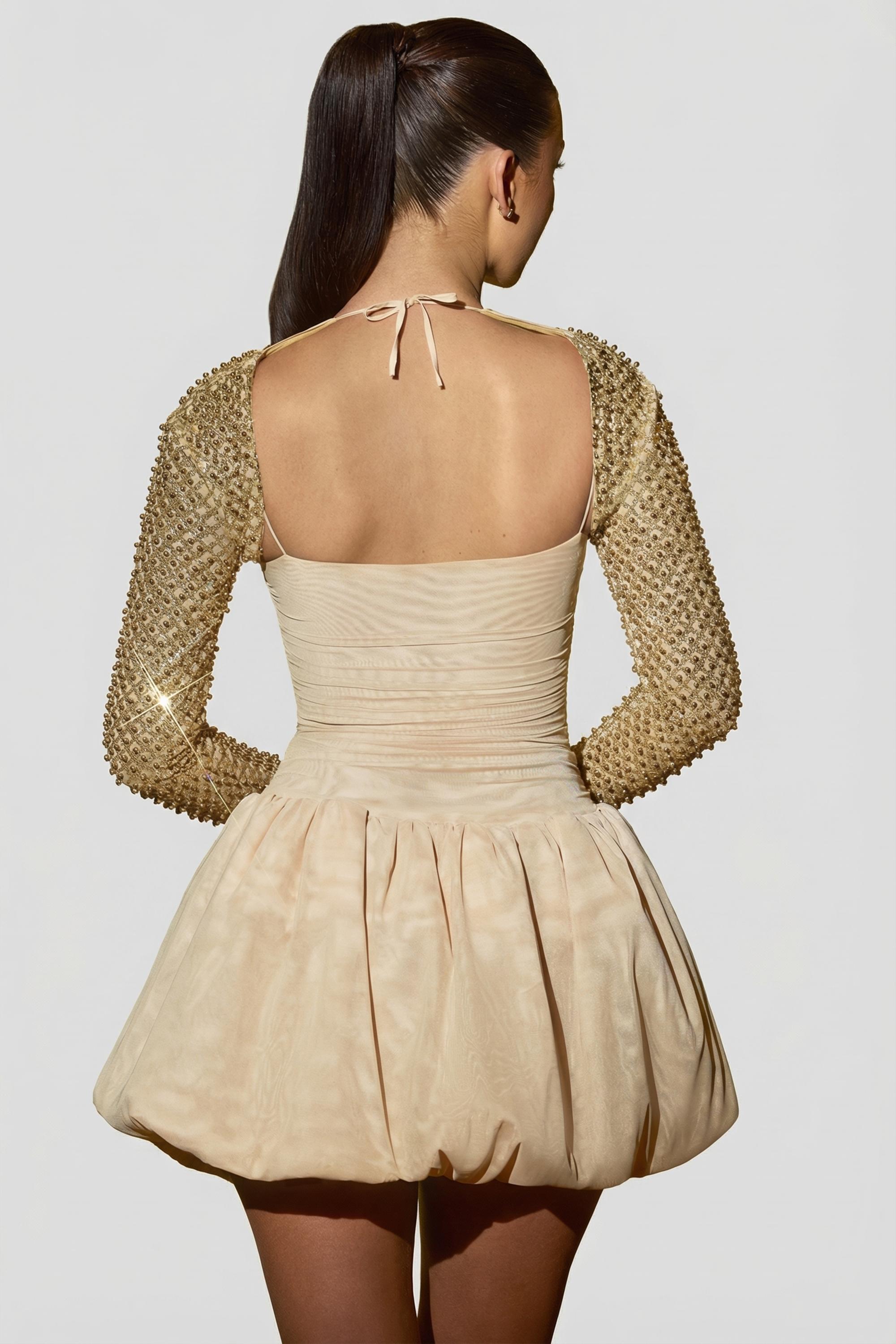 Aletta Embellished Bubble Hem Mini Dress in Gold