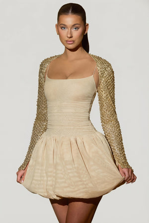 Embellished Bubble Hem Mini Dress in Gold