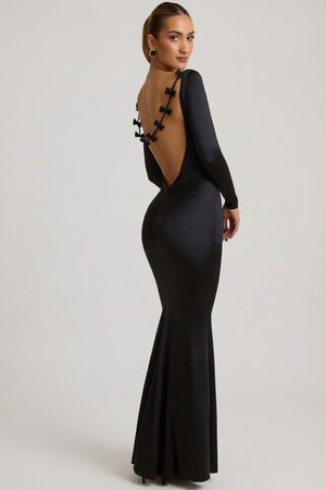 Oh Polly's Priscilla wearing the Alila Maxi Dress in Black Satin Jersey fabric perfect for upscale galas