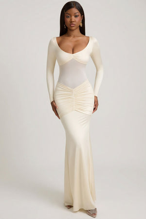 Alila Bow-Detail Ruched Maxi Dress in Ivory | Oh Polly Alila Bow-Detail Ruched Maxi Dress in Ivory | Oh Polly