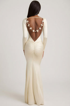 Oh Polly's Sevah wearing the Alila Maxi Dress in Ivory Satin Jersey fabric perfect for elegant evening events