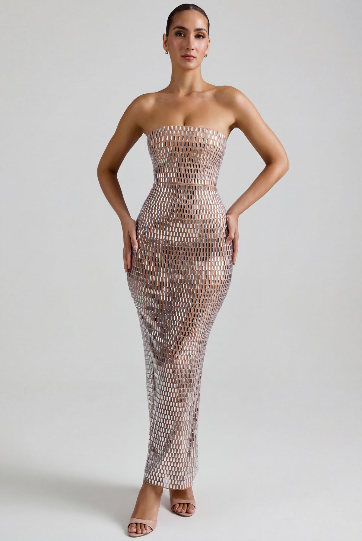 Embellished Bandeau Maxi Dress in Almond