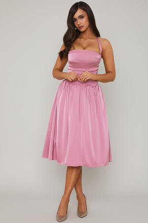 Halterneck Lace-Up Ruched Corset Midi Dress in Mauve