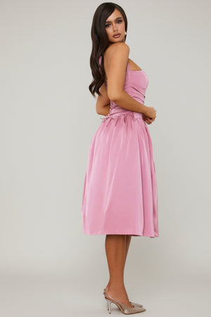 Halterneck Lace-Up Ruched Corset Midi Dress in Mauve