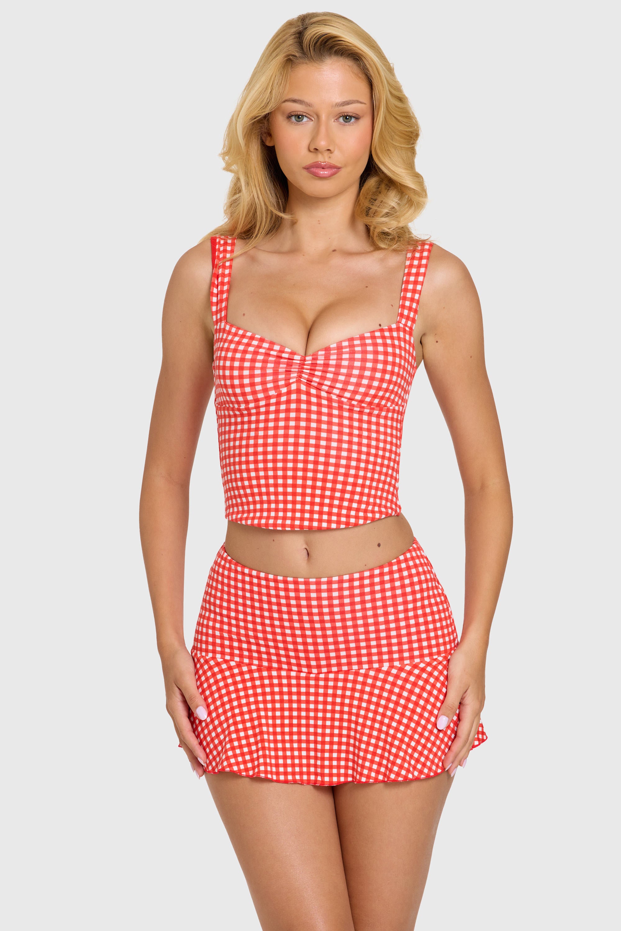 Modal Ruched Bust Top in Red Gingham - 1