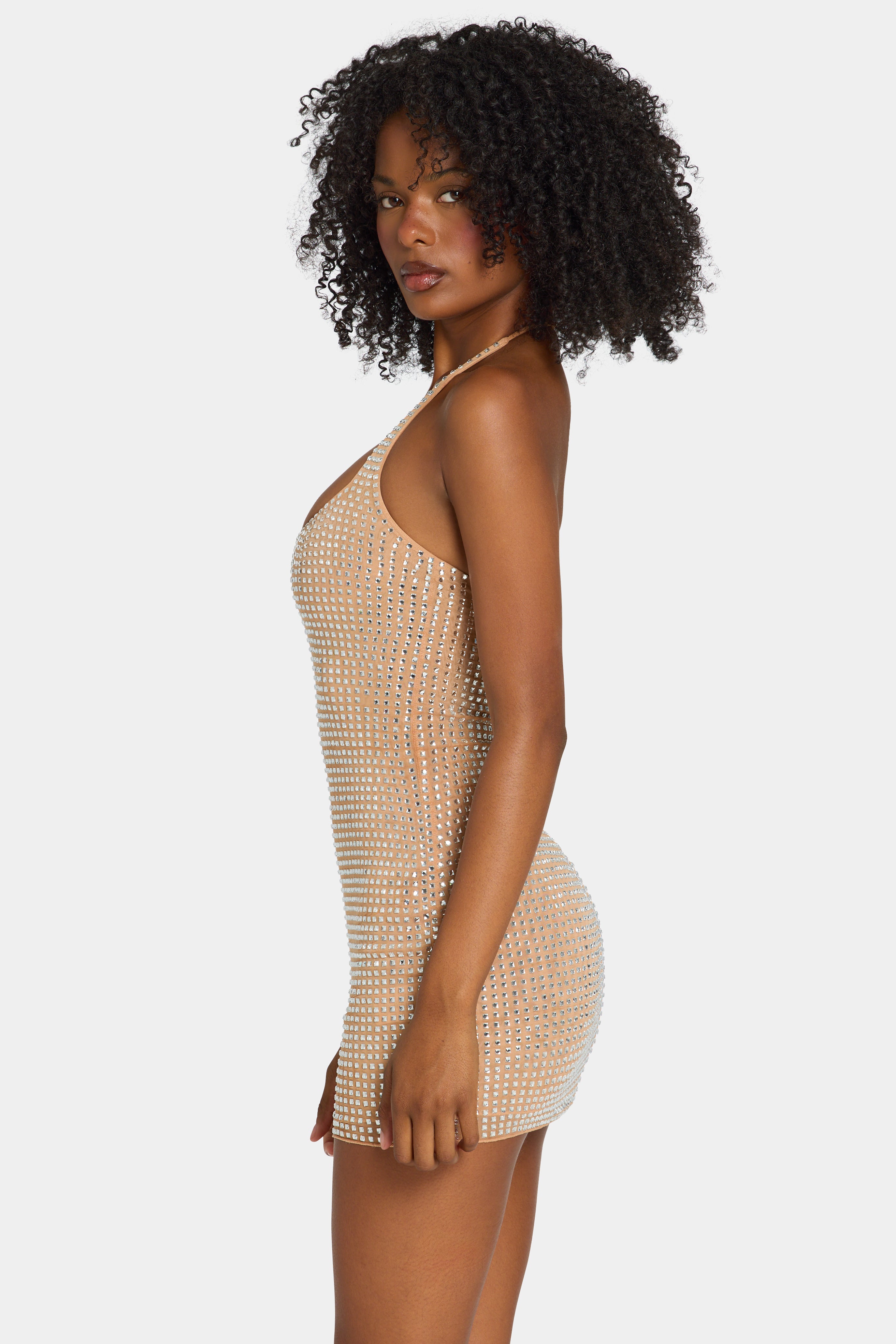 Amolika Embellished Halterneck Mini Dress in Honey