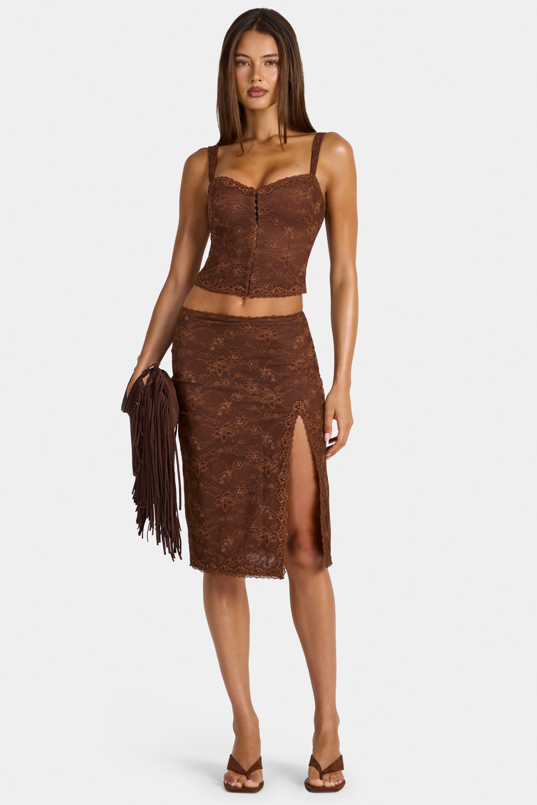 Lace Mid-Rise Midi Skirt in Cocoa Brown