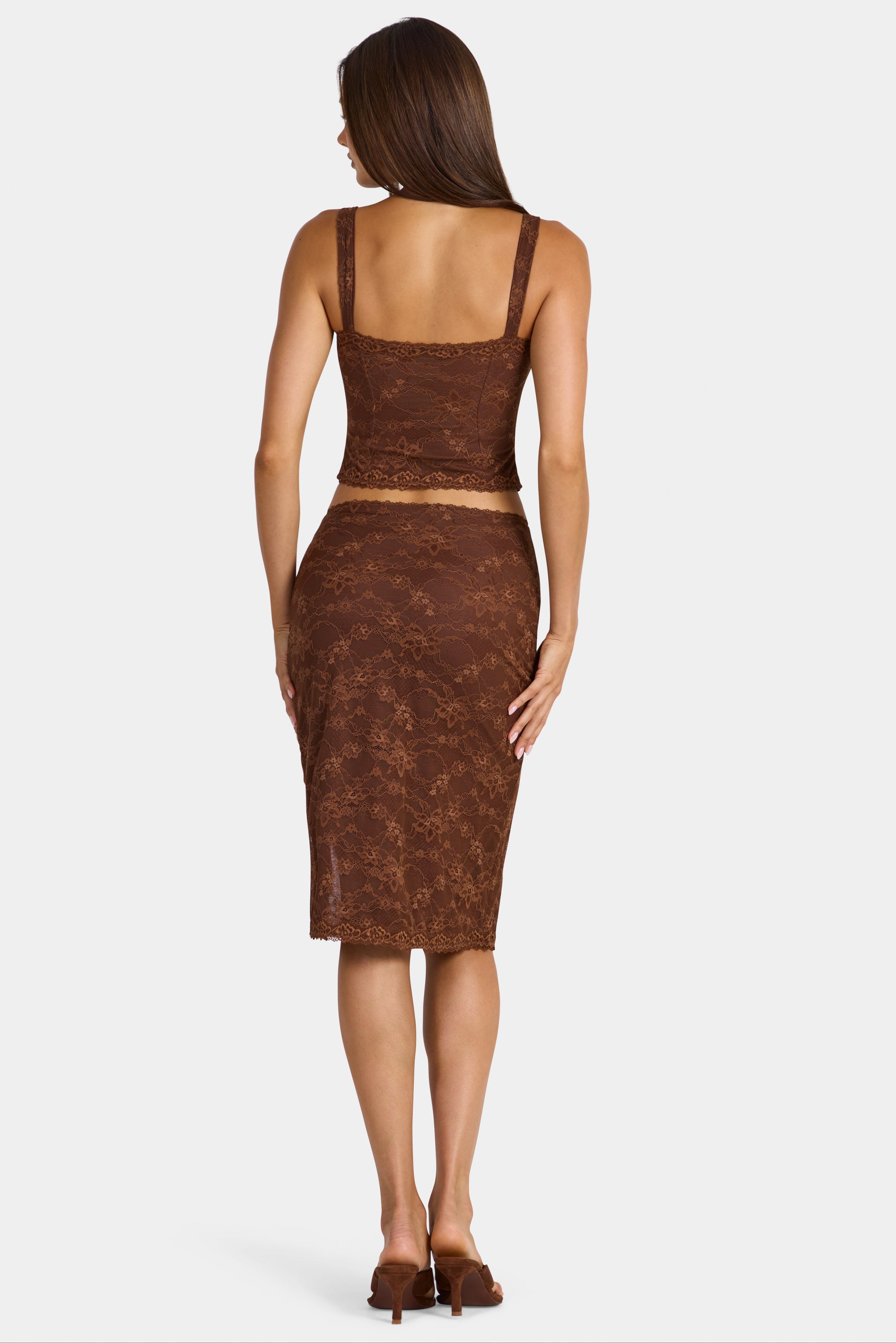 Lace Mid-Rise Midi Skirt in Cocoa Brown