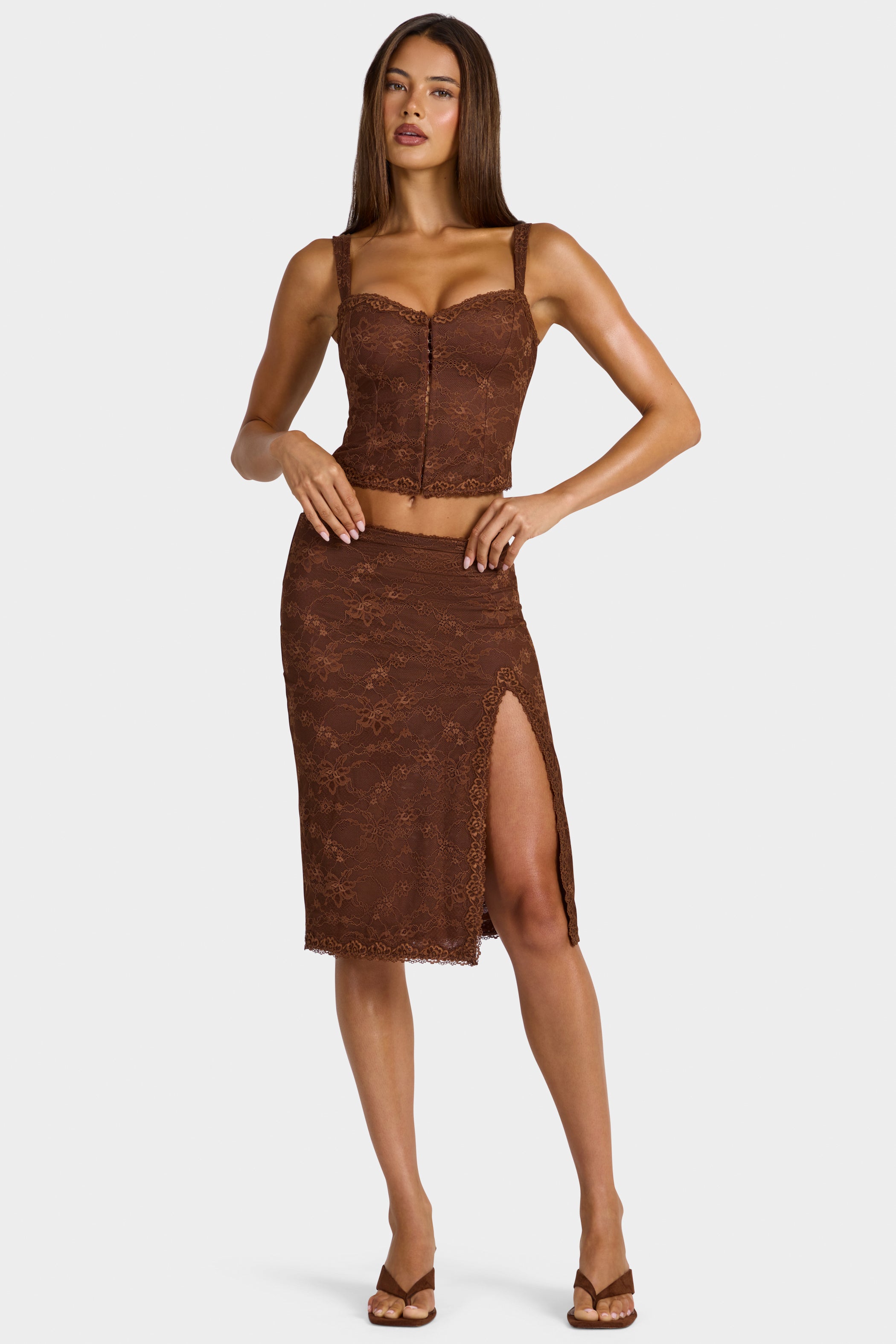 Lace Mid-Rise Midi Skirt in Cocoa Brown