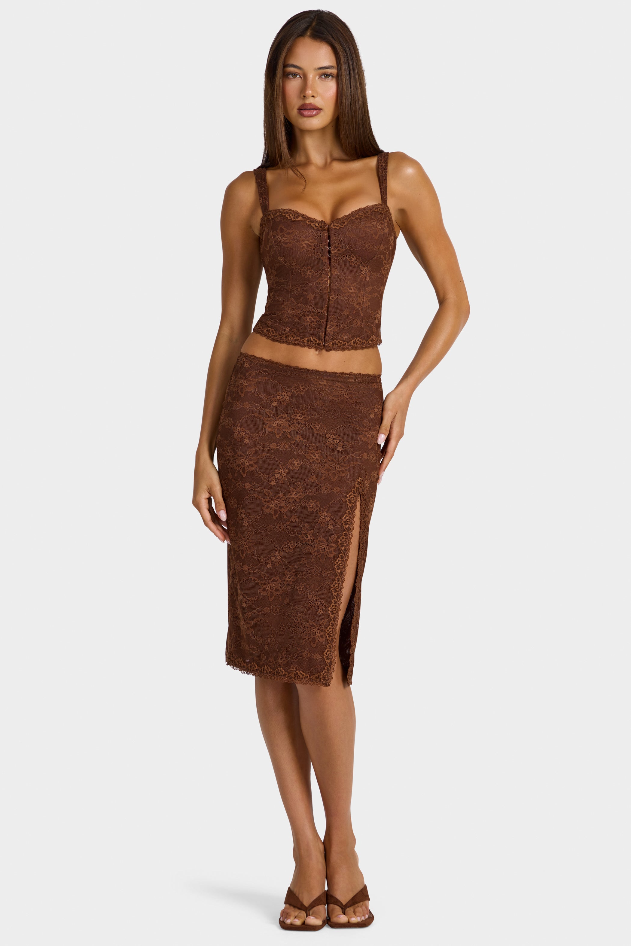 Lace Mid-Rise Midi Skirt in Cocoa Brown
