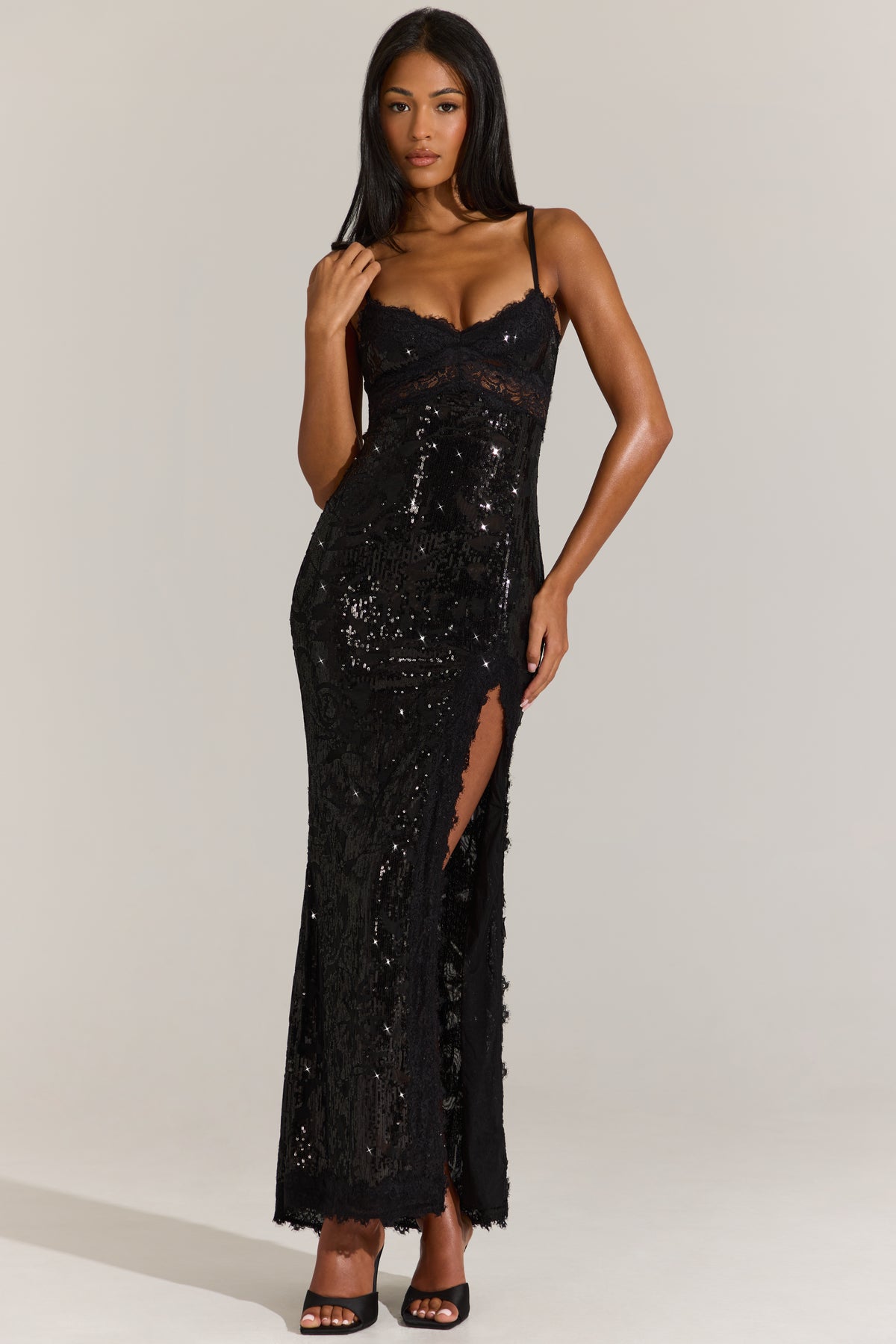 Embellished Lace-Trim Maxi Dress in Black