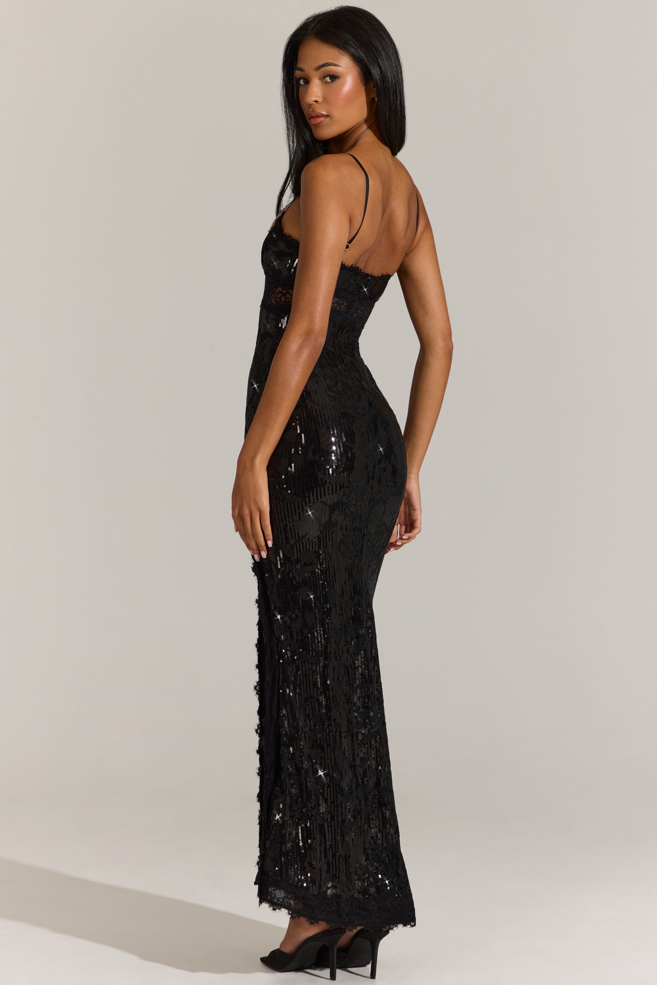 Embellished Lace-Trim Maxi Dress in Black