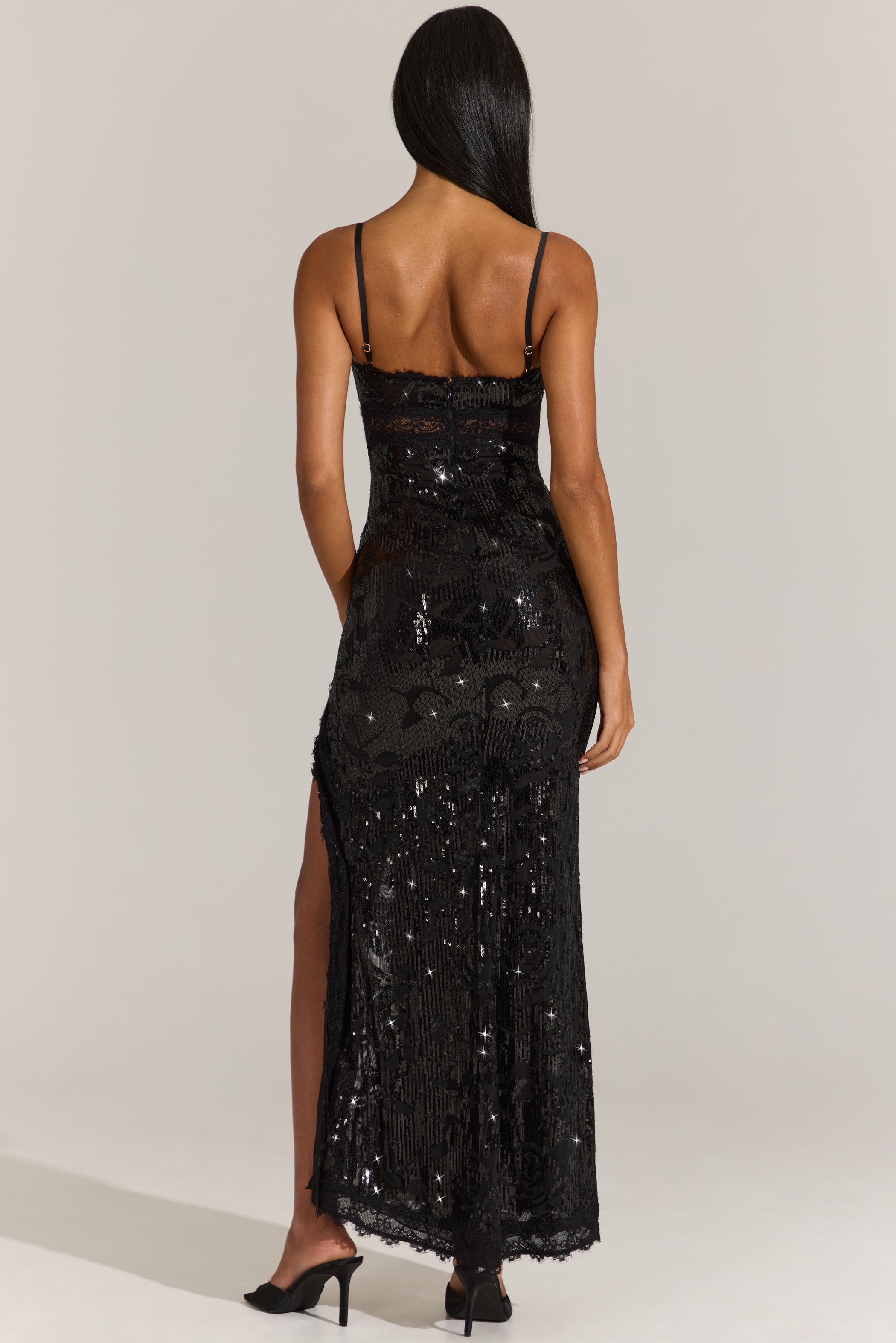 Embellished Lace-Trim Maxi Dress in Black