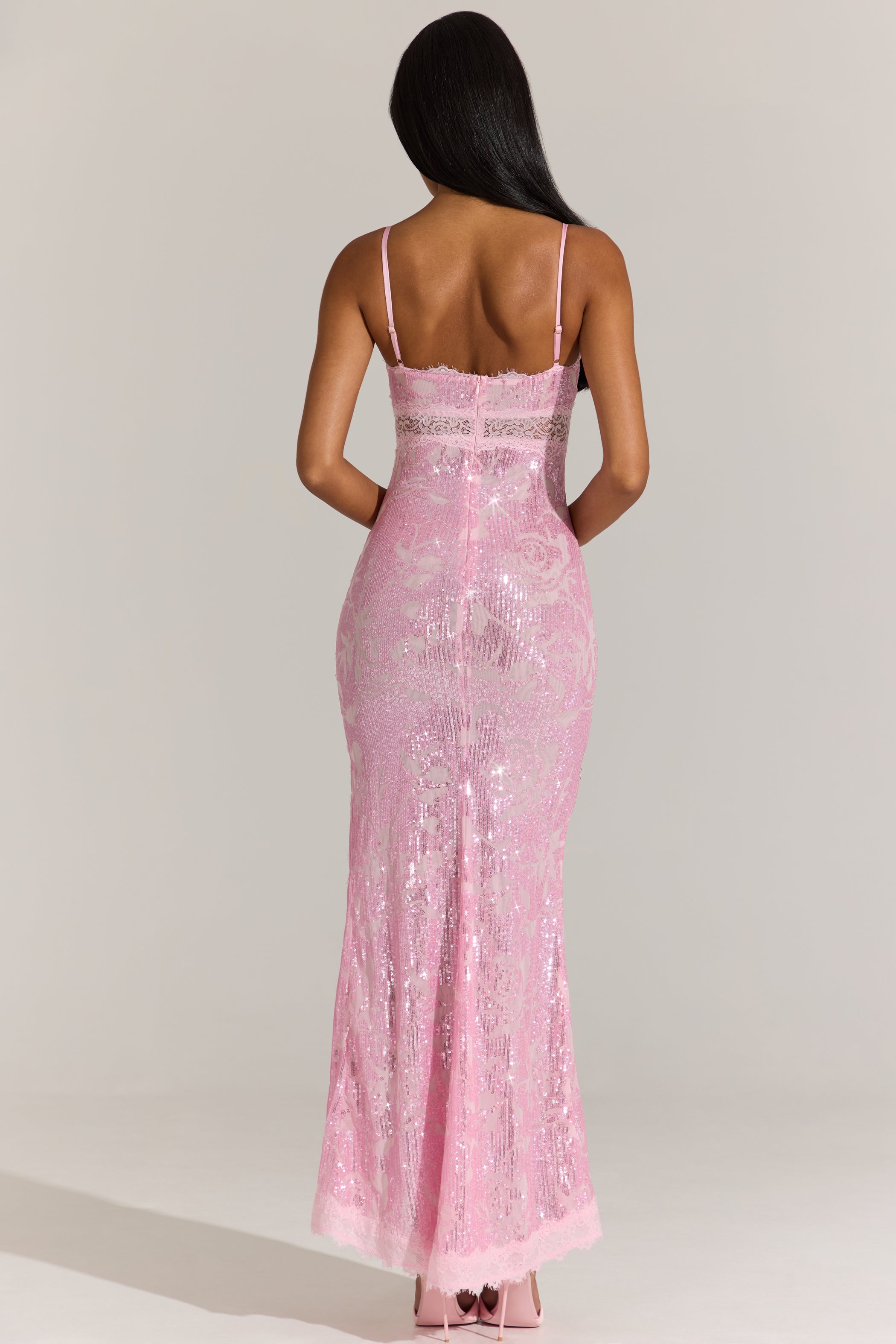 Embellished Lace-Trim Maxi Dress in Blossom Pink