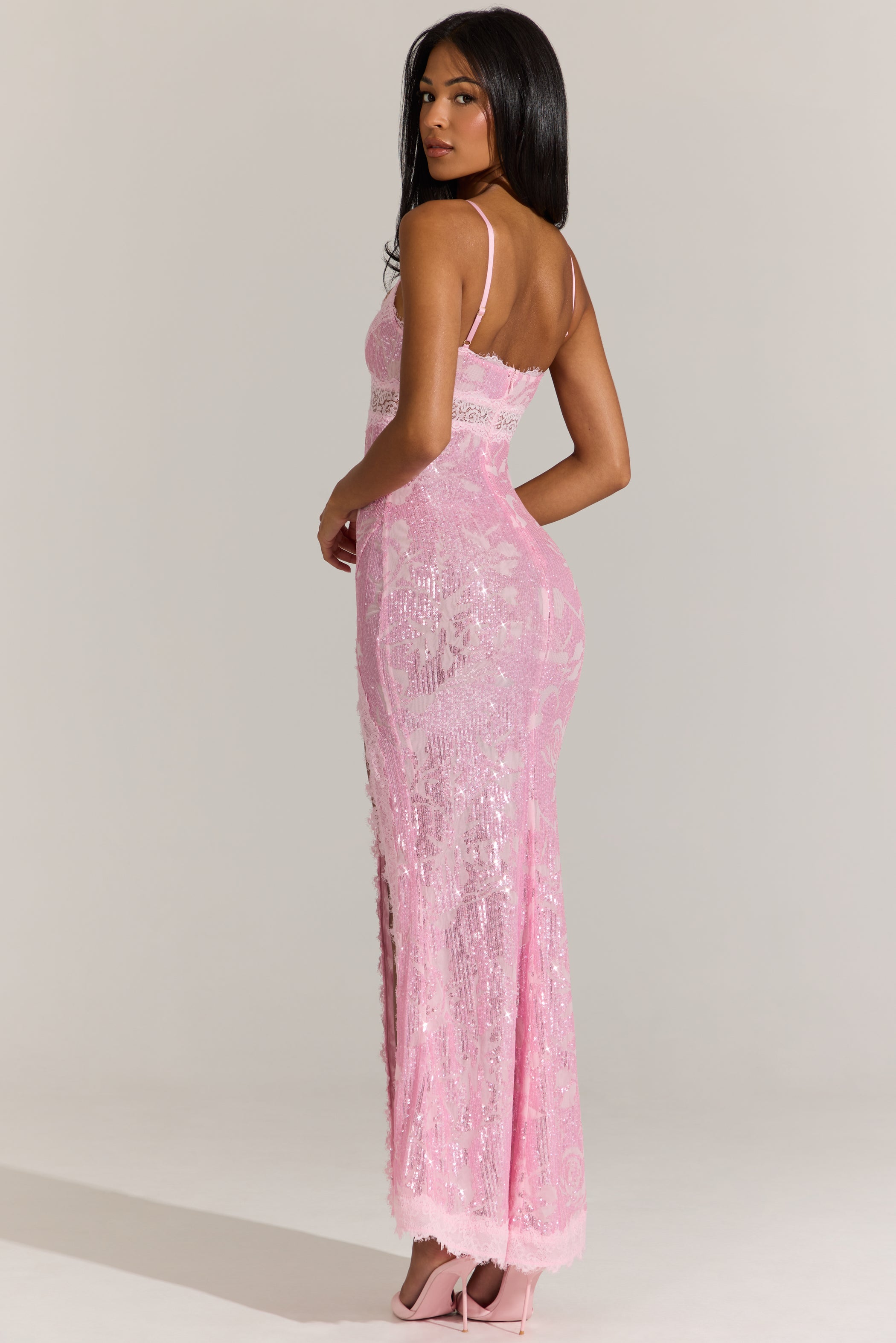Embellished Lace-Trim Maxi Dress in Blossom Pink