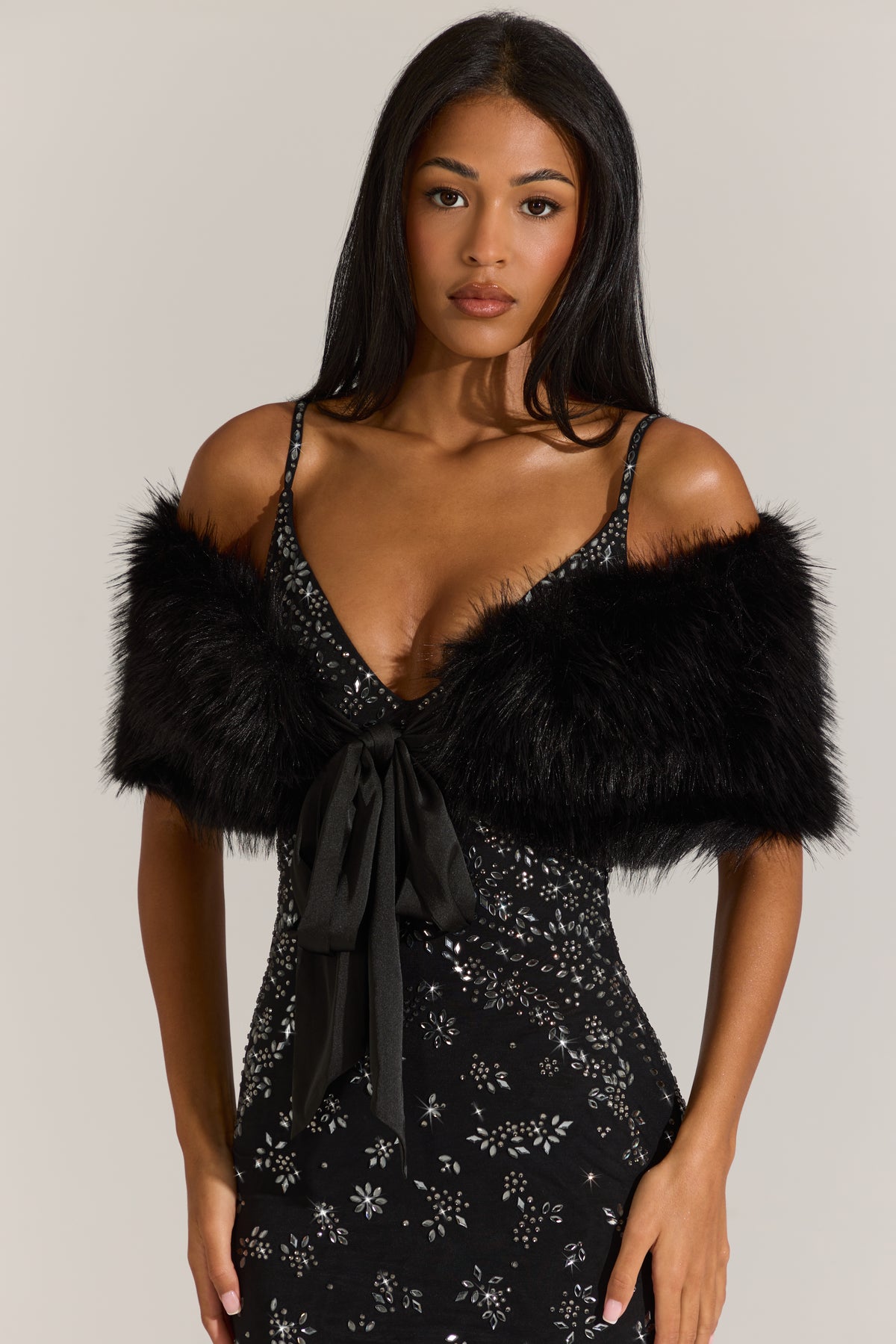 Fur Ribbon-Tie Stole in Black
