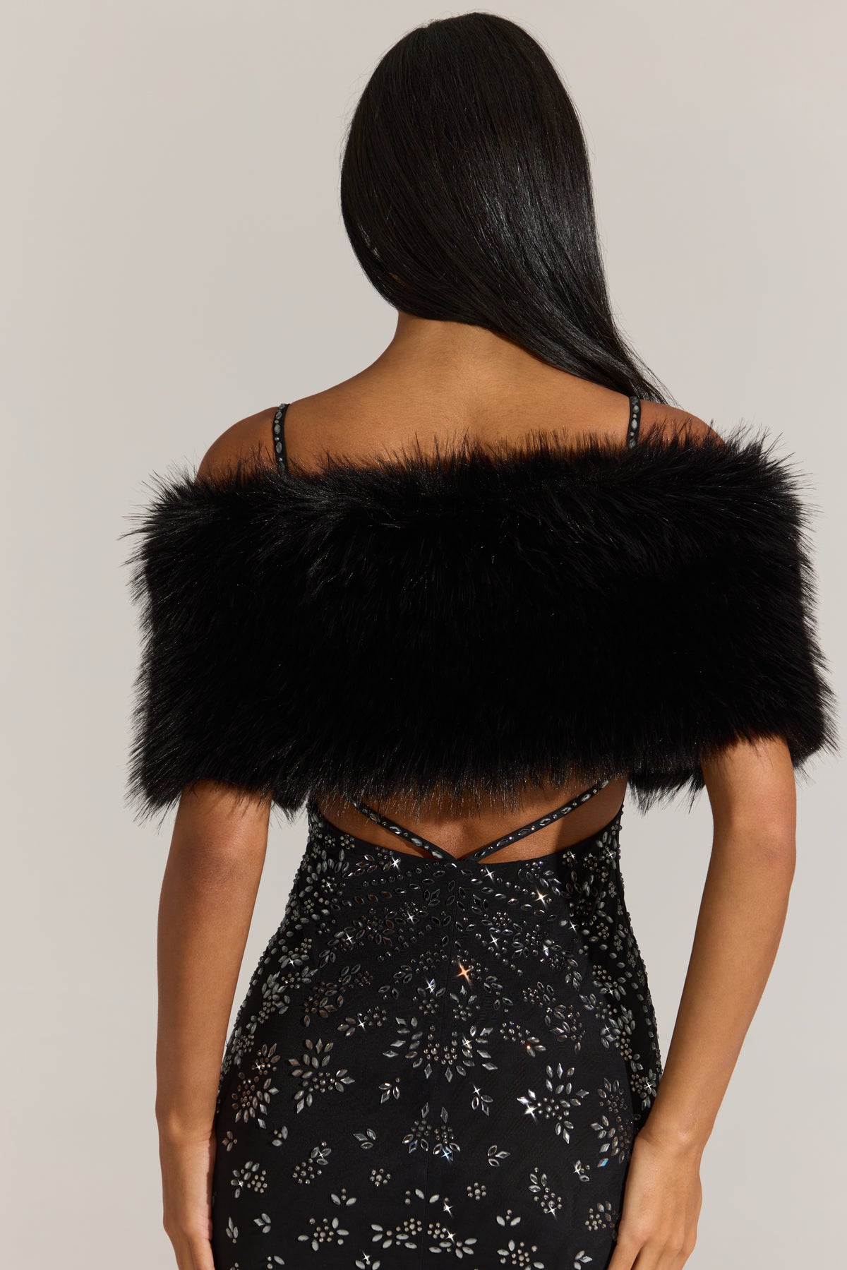 Fur Ribbon-Tie Stole in Black