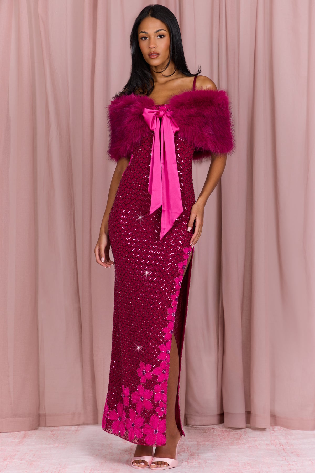 Fur Ribbon-Tie Stole in Fuchsia Pink