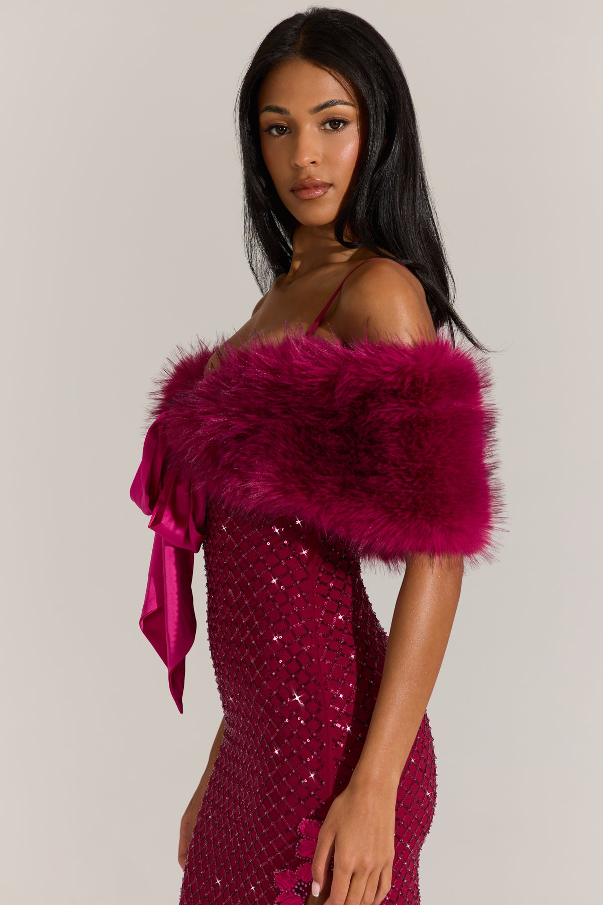 Fur Ribbon-Tie Stole in Fuchsia Pink