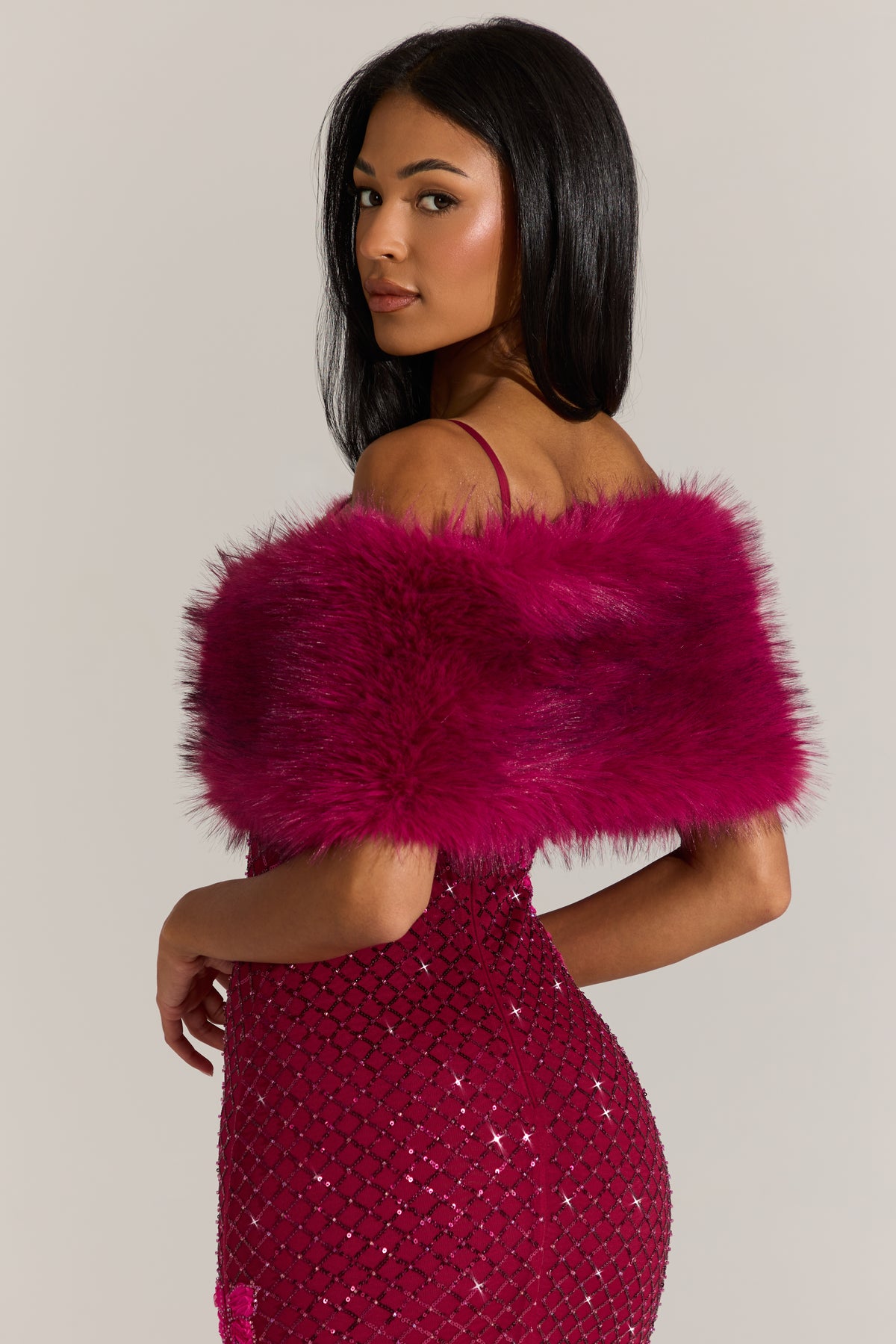 Fur Ribbon-Tie Stole in Fuchsia Pink