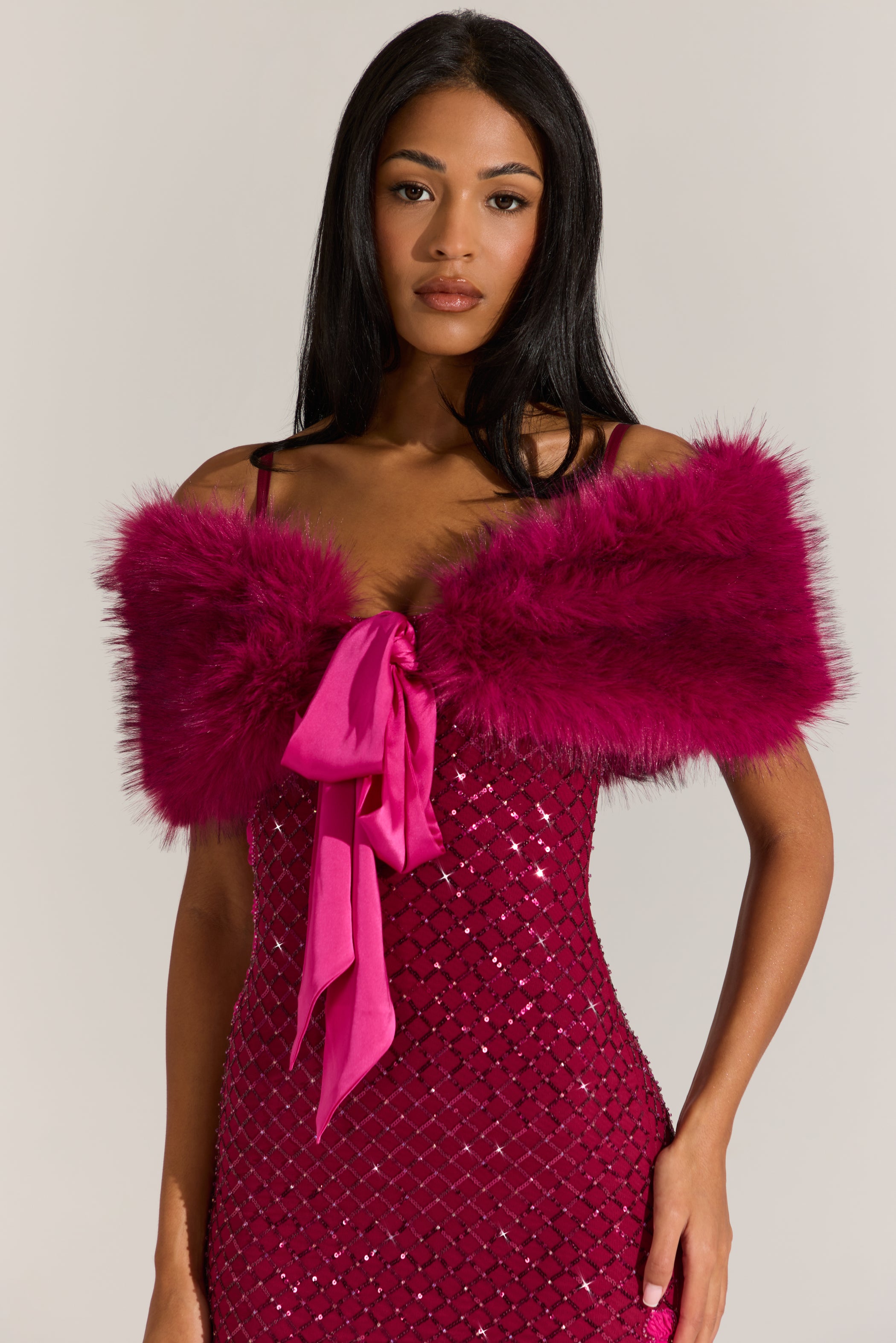 Fur Ribbon-Tie Stole in Fuchsia Pink