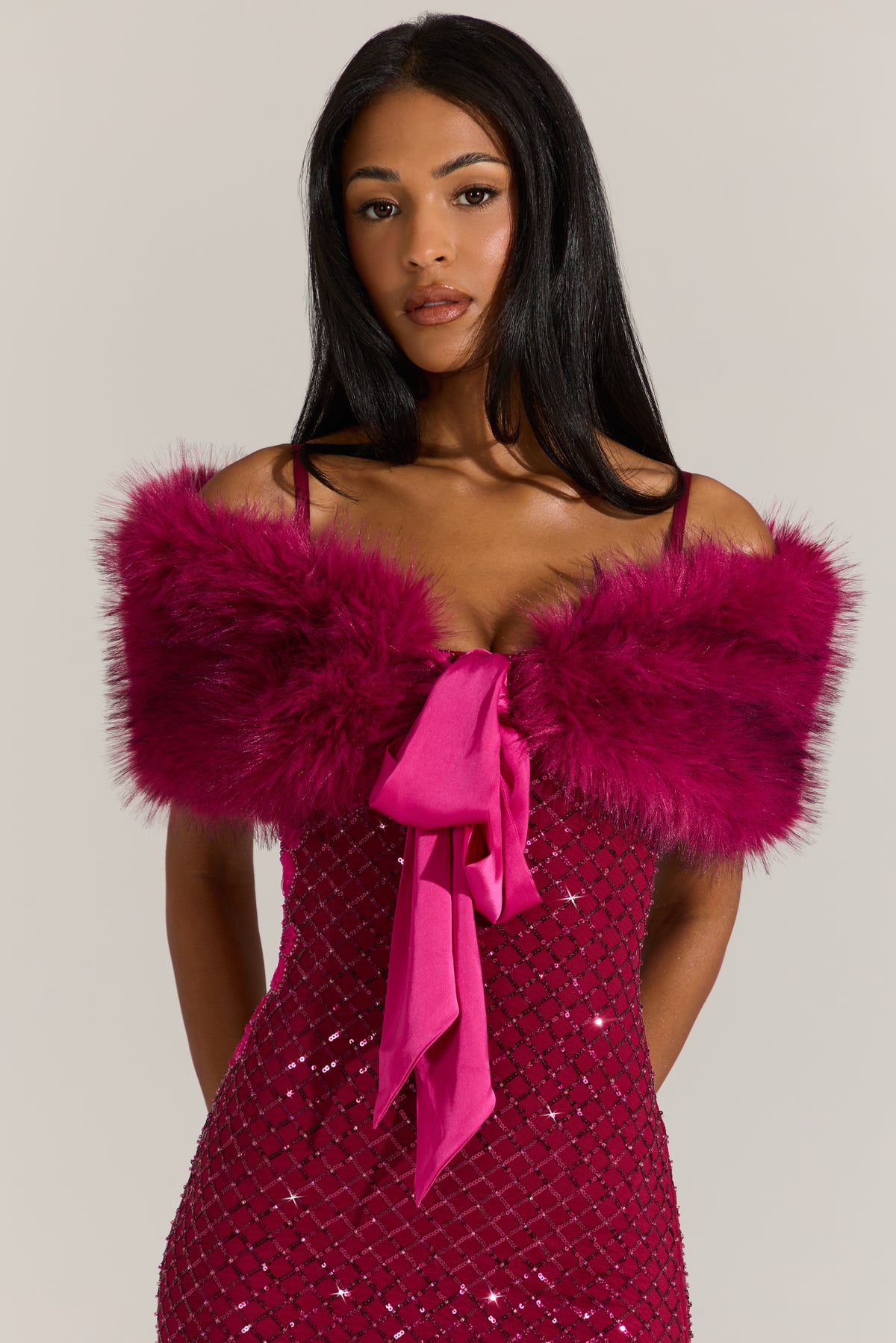 Fur Ribbon-Tie Stole in Fuchsia Pink
