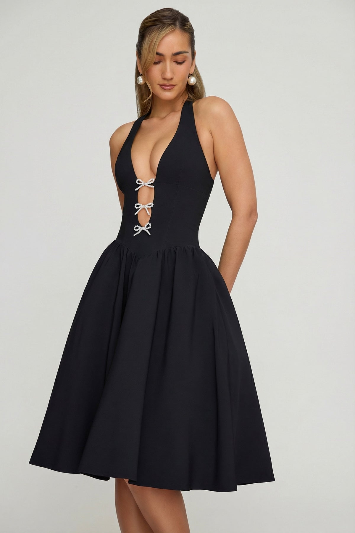 Halterneck Bow-Detail Midi Dress in Black