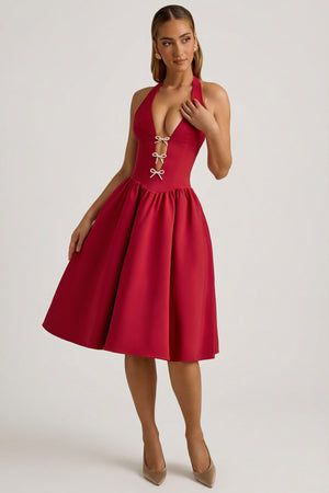 Halterneck Bow-Detail Midi Dress in True Red