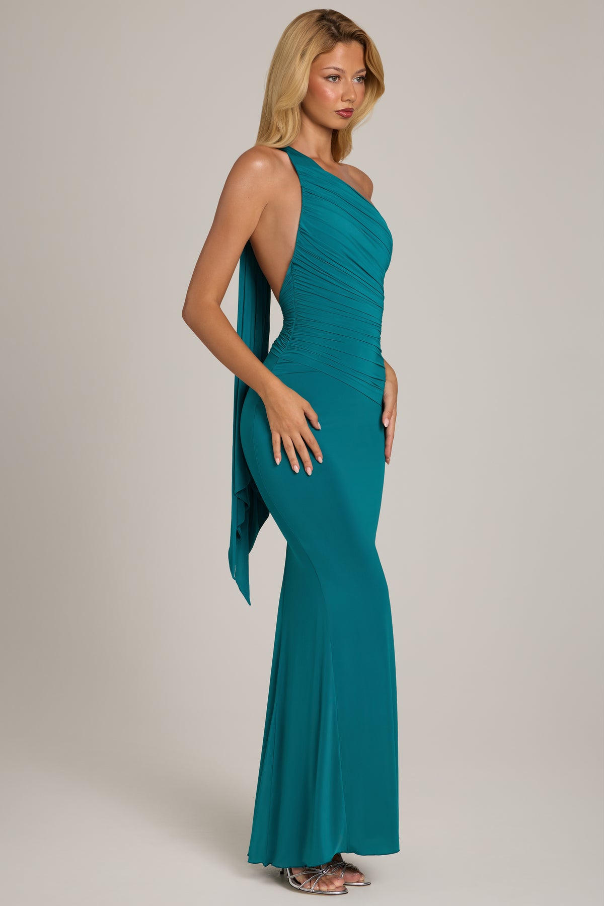 Jersey One-Shoulder Maxi Dress in Teal