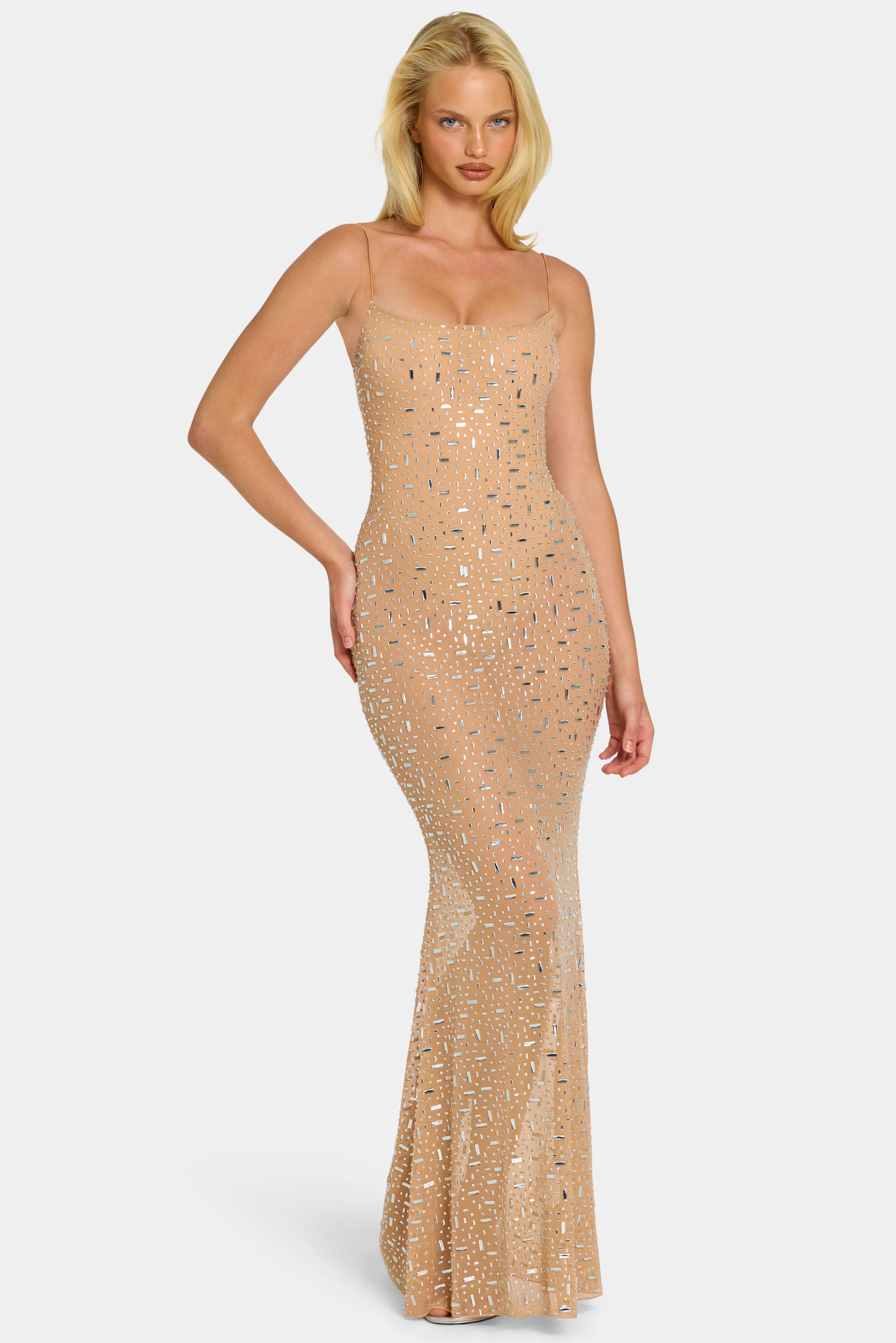 Sheer Embellished Scoop Neck Evening Gown in Honey