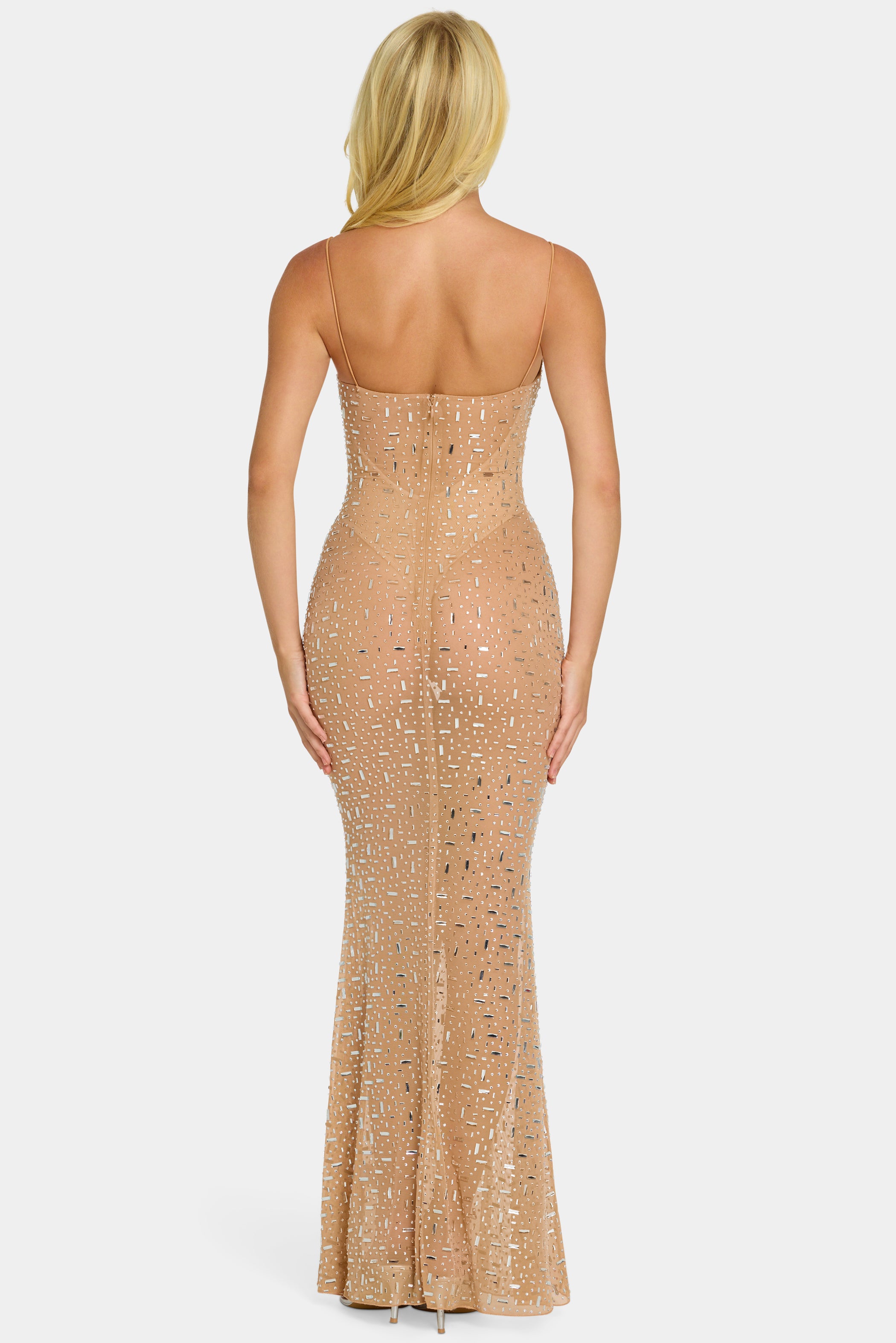 Sheer Embellished Scoop Neck Evening Gown in Honey