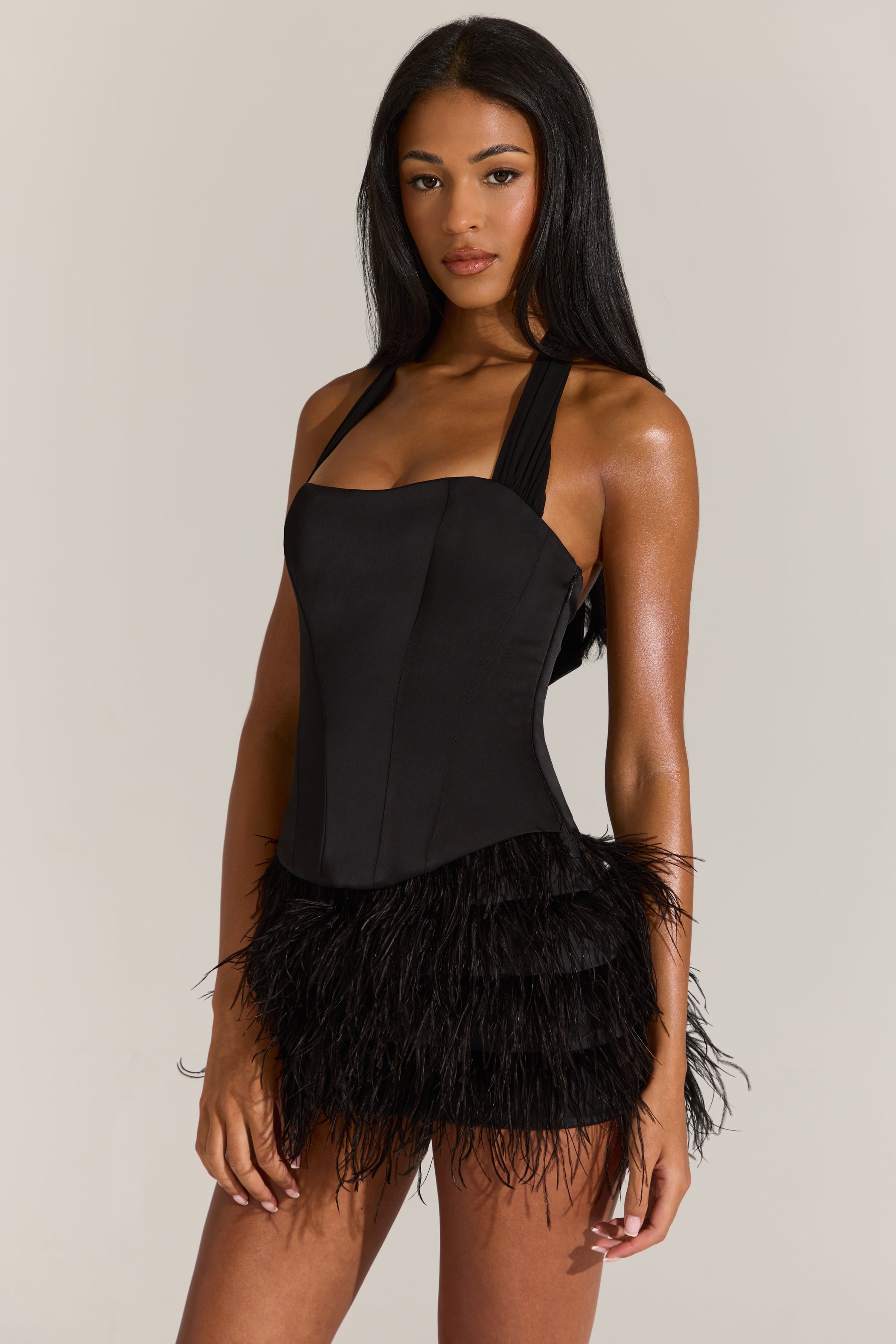 Satin Corset Feathered Mini Dress in Black