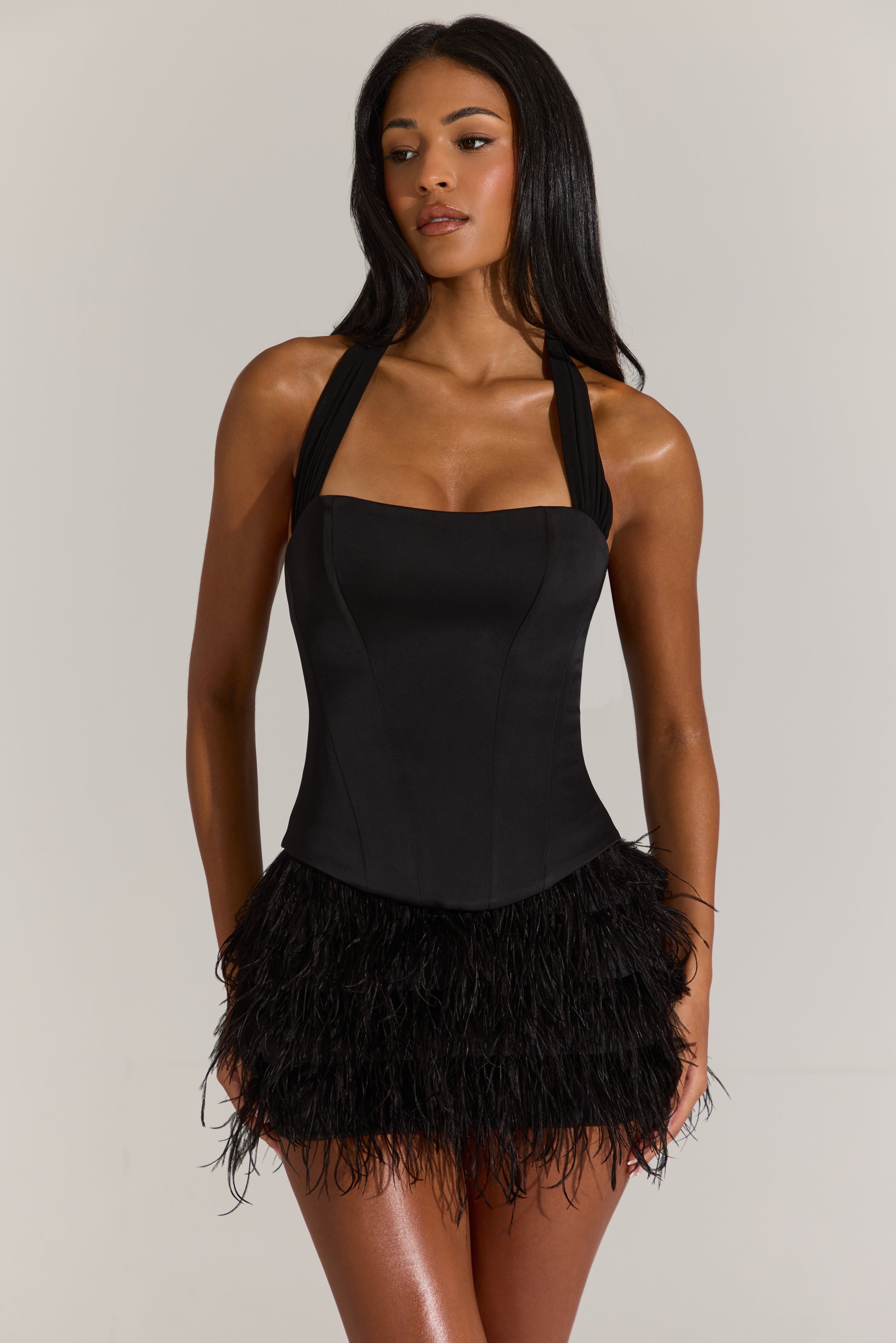 Satin Corset Feathered Mini Dress in Black