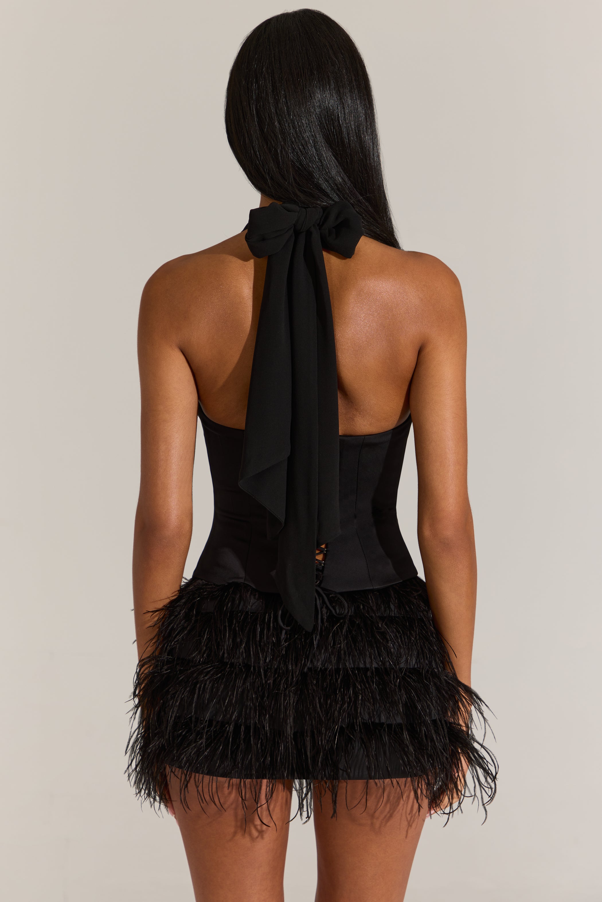 Satin Corset Feathered Mini Dress in Black