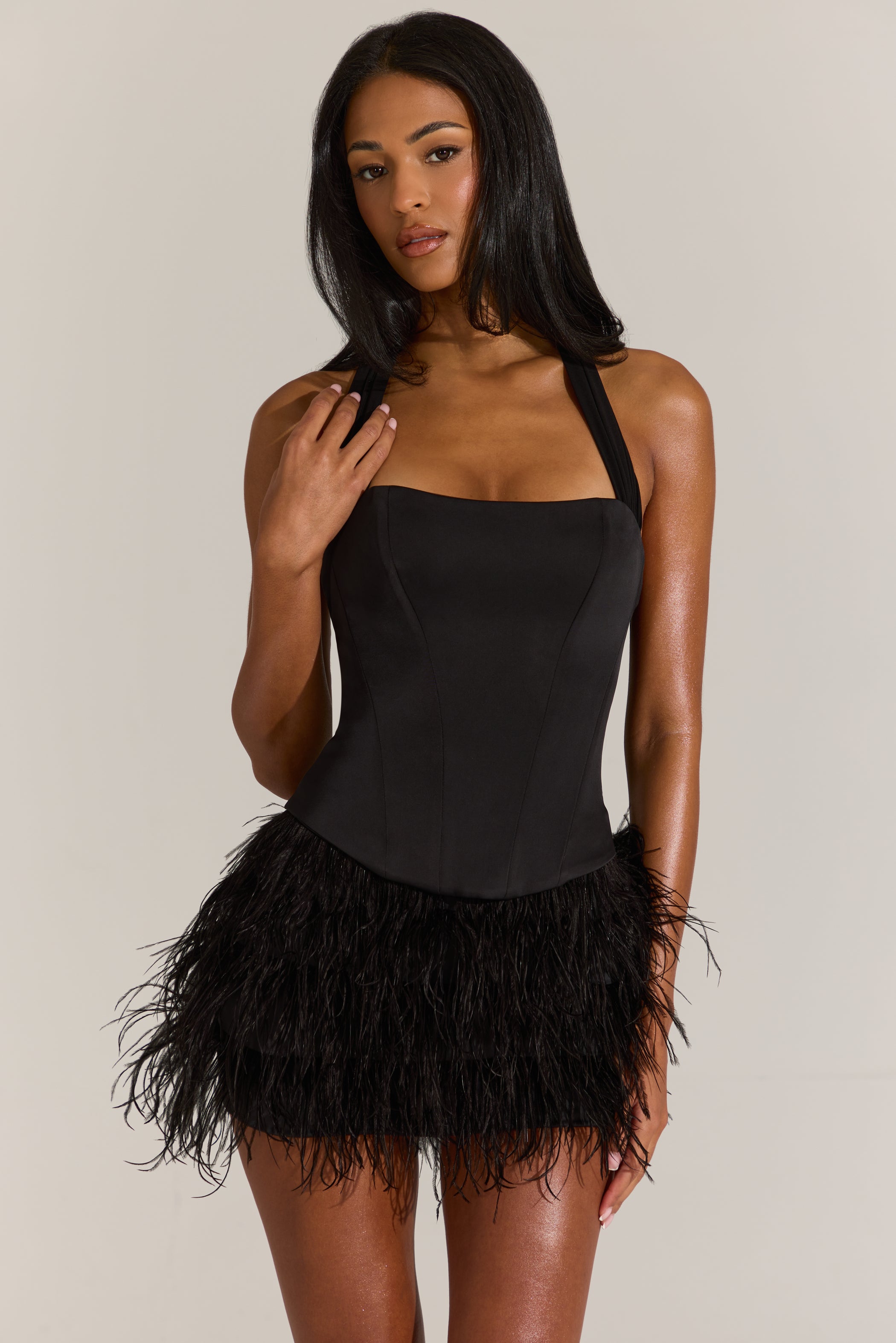 Satin Corset Feathered Mini Dress in Black