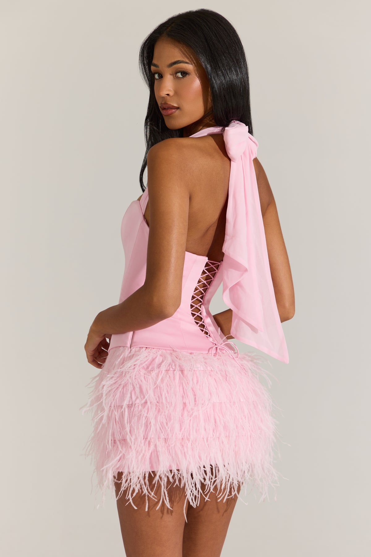 Satin Corset Feathered Mini Dress in Blossom Pink
