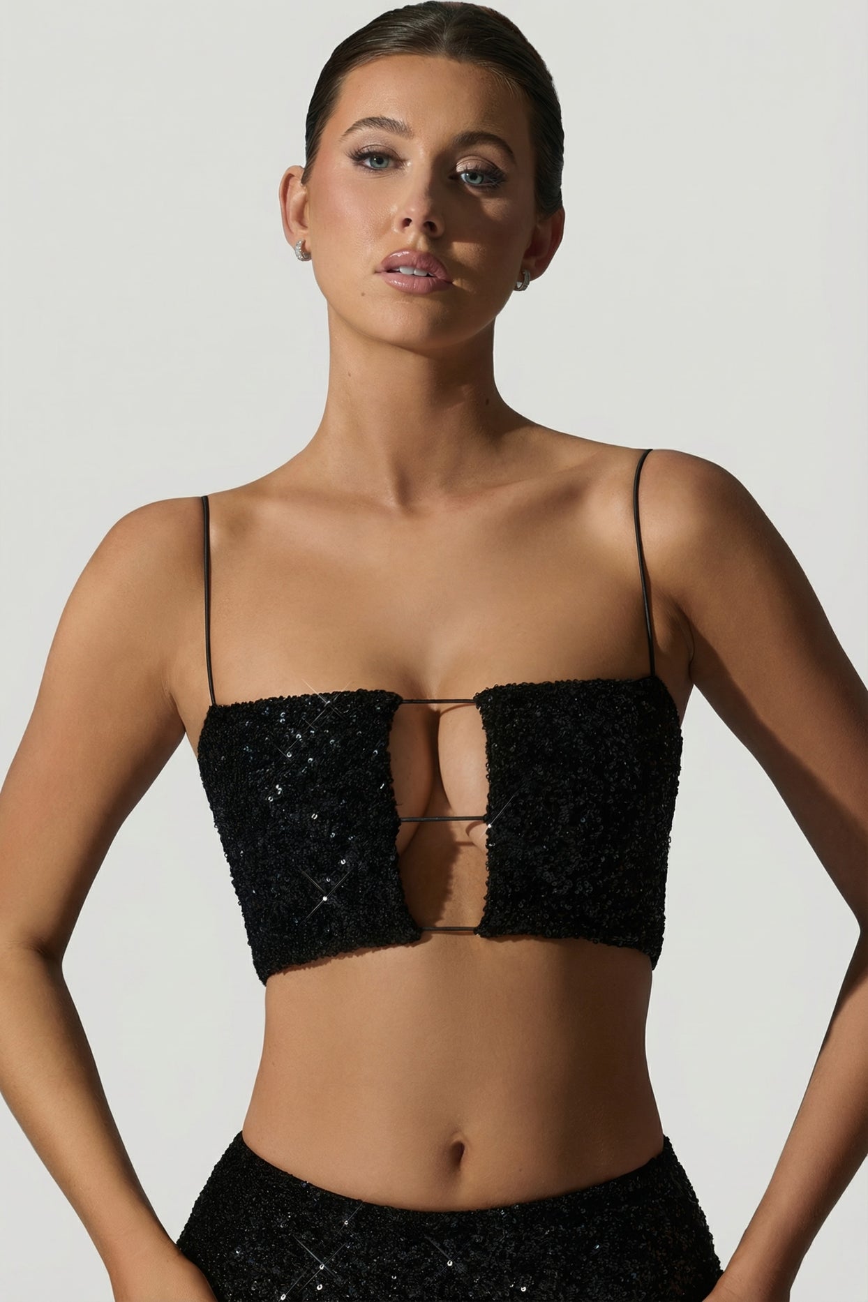 Embellished Cut-Out Crop Top in Black - 3