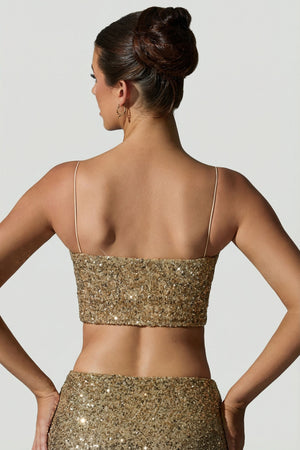 Embellished Cut-Out Crop Top in Gold