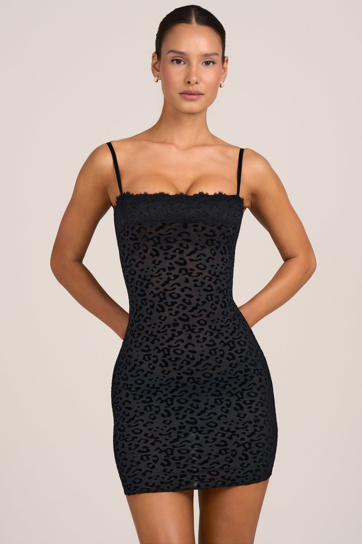 Flocked Leopard Mesh Mini Dress in Black - 2
