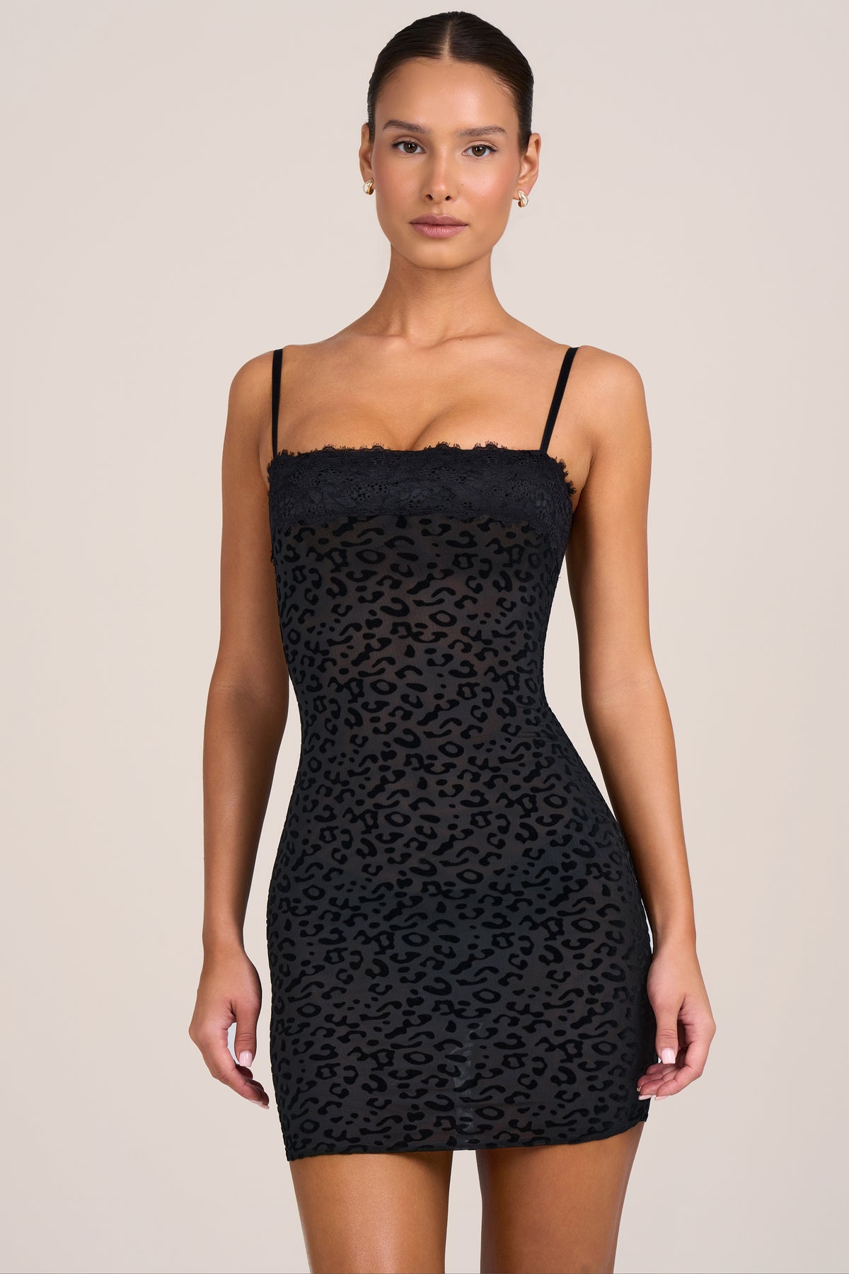 Flocked Leopard Mesh Mini Dress in Black
