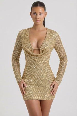 Embellished Cowl-Neck Mini Dress in Gold