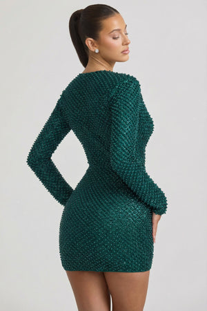 Embellished Cowl-Neck Mini Dress in Teal Green