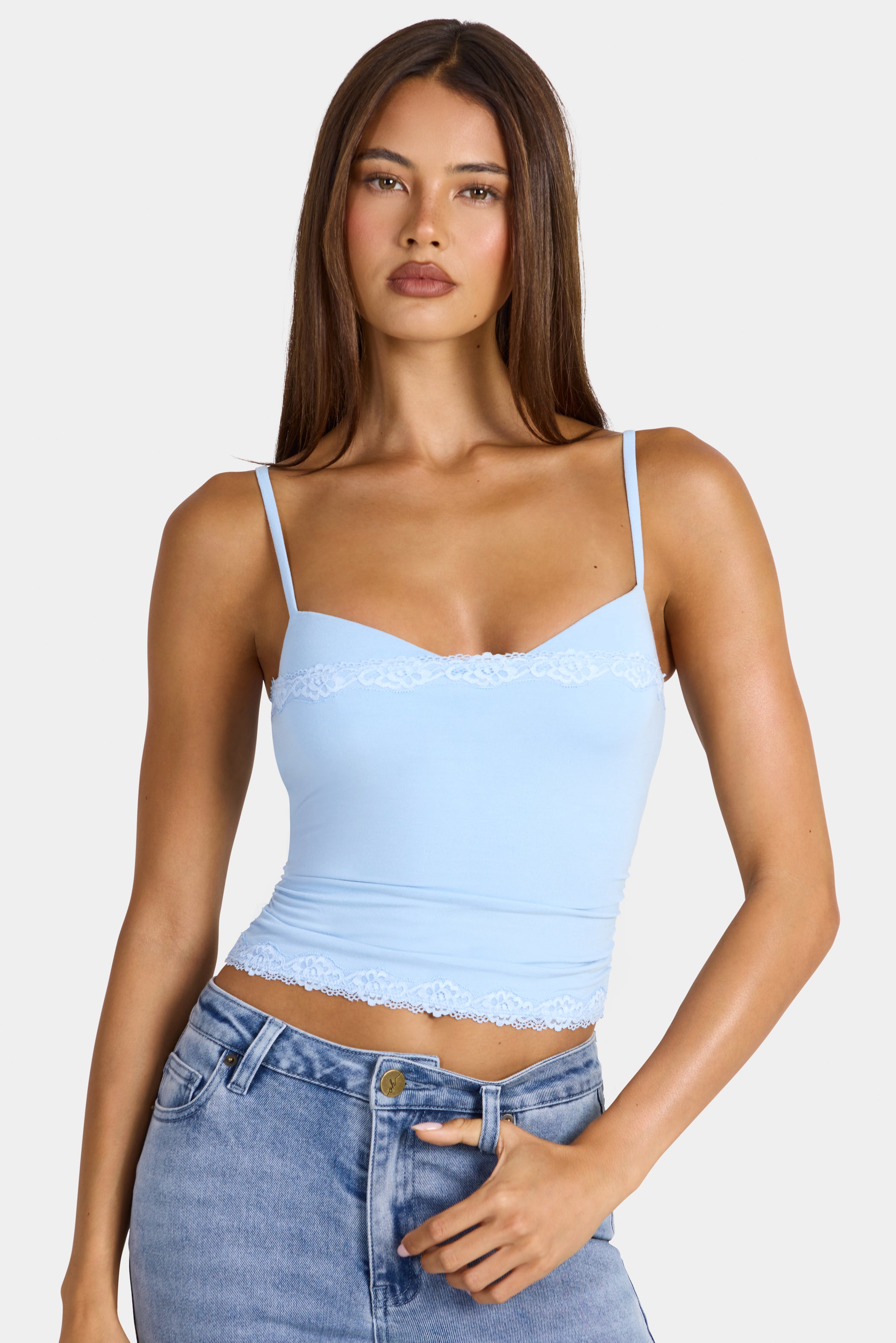 Modal Lace-Trim Peekaboo Tank Top in Arctic Blue