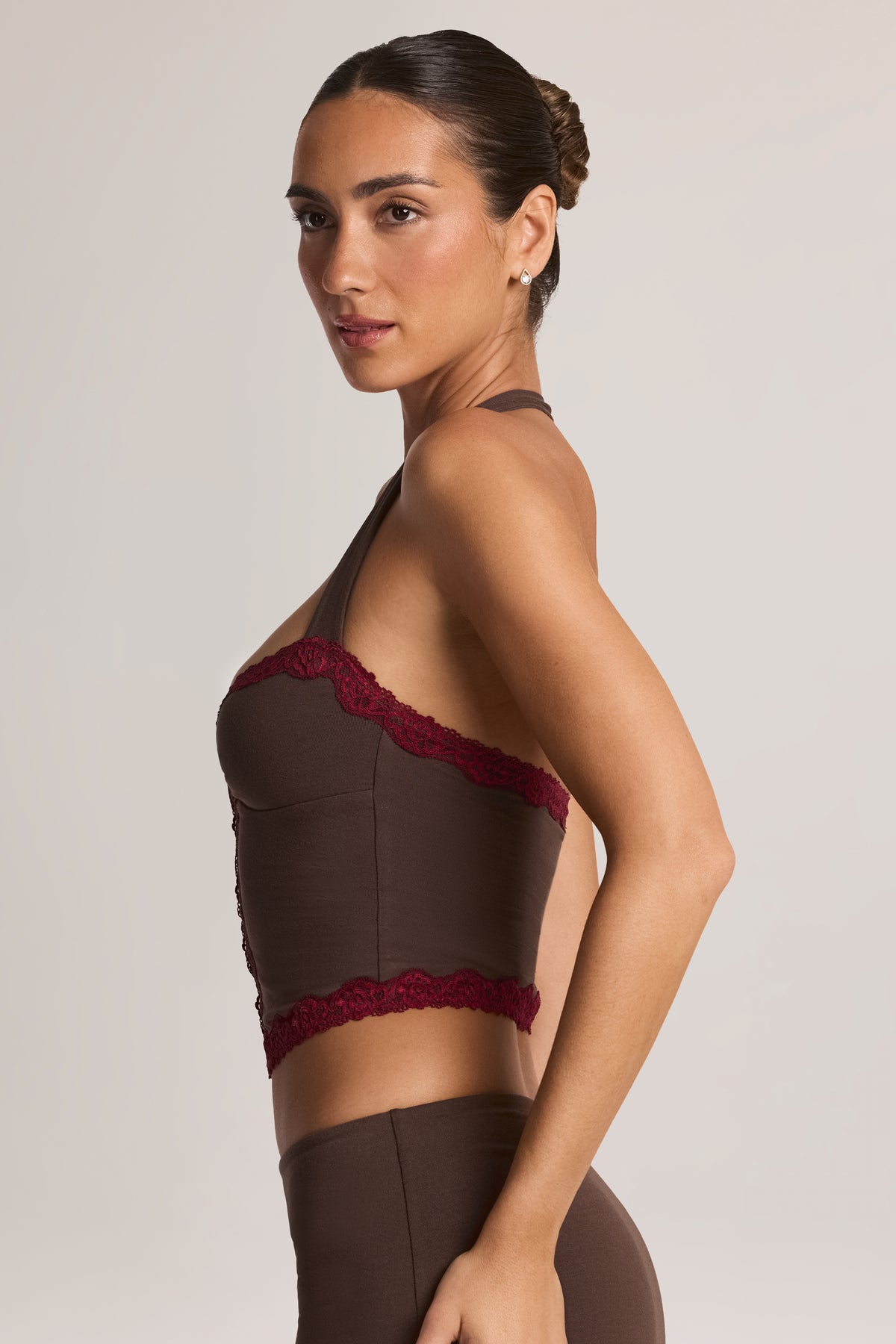 Modal Lace-Trim Halterneck Top in Chocolate Brown