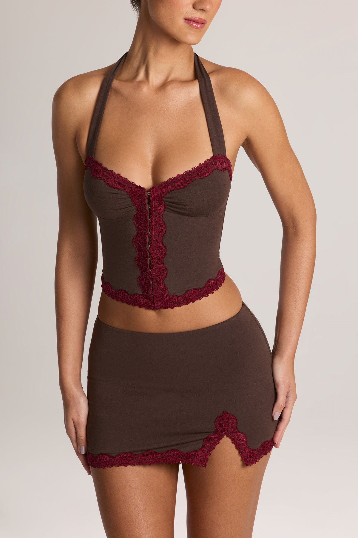 Modal Lace-Trim Halterneck Top in Chocolate Brown