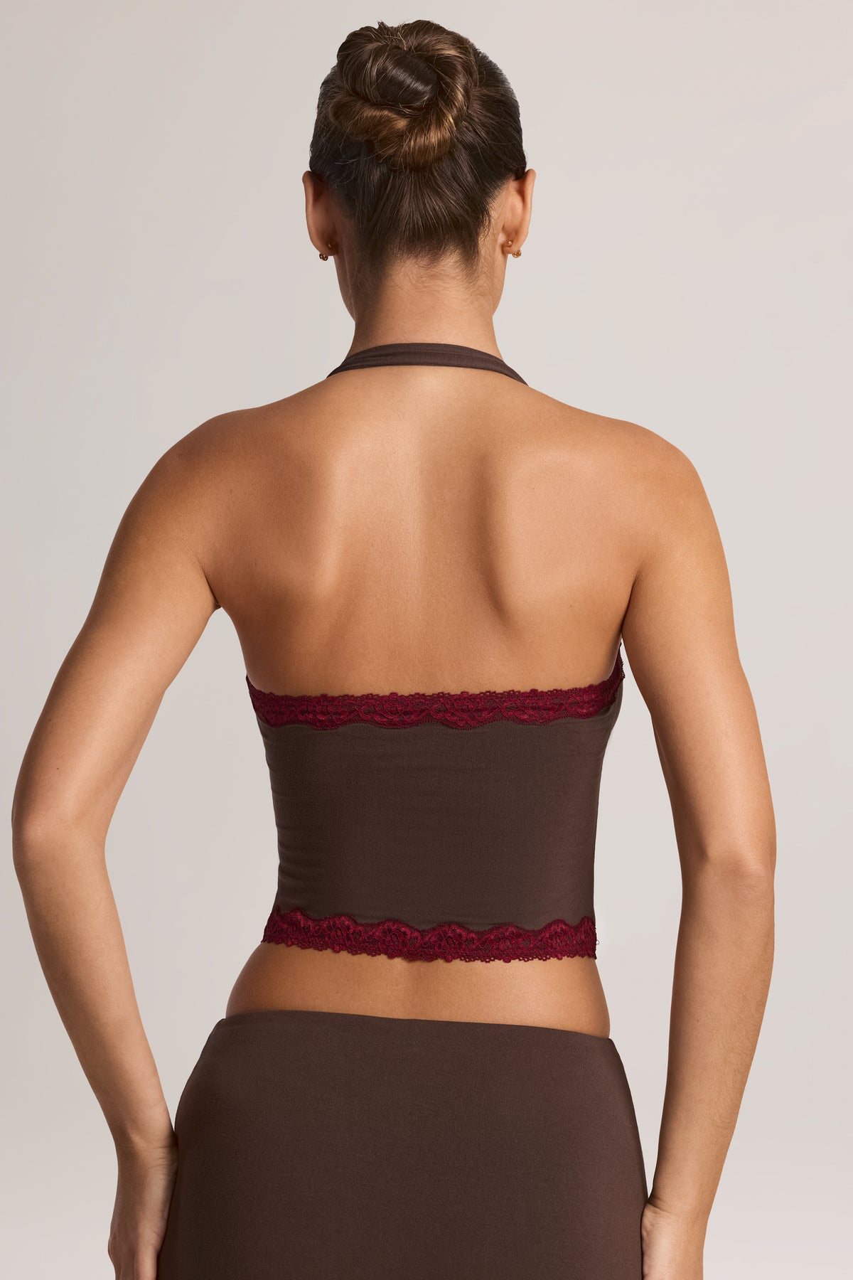 Modal Lace-Trim Halterneck Top in Chocolate Brown