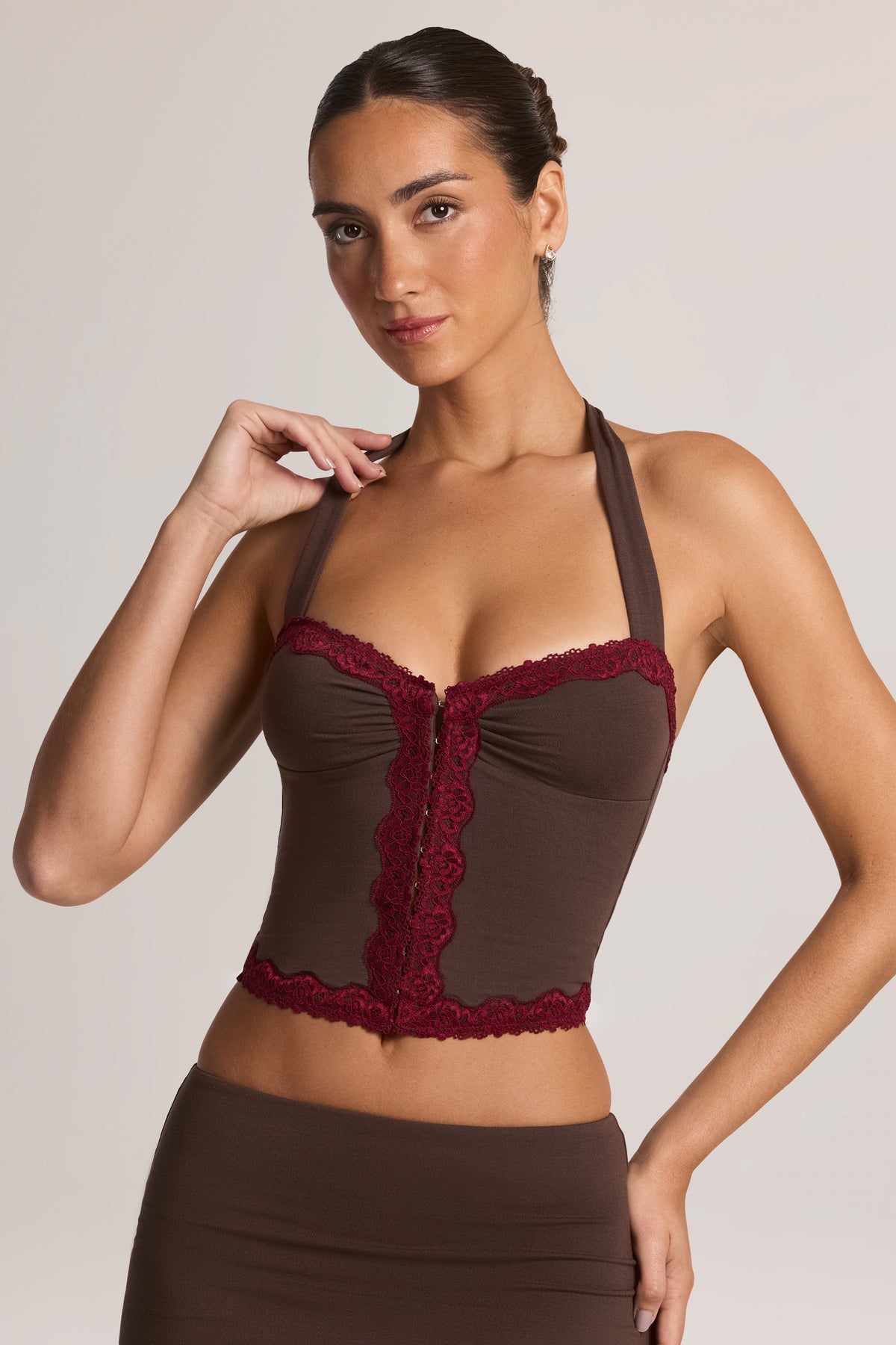 Modal Lace-Trim Halterneck Top in Chocolate Brown